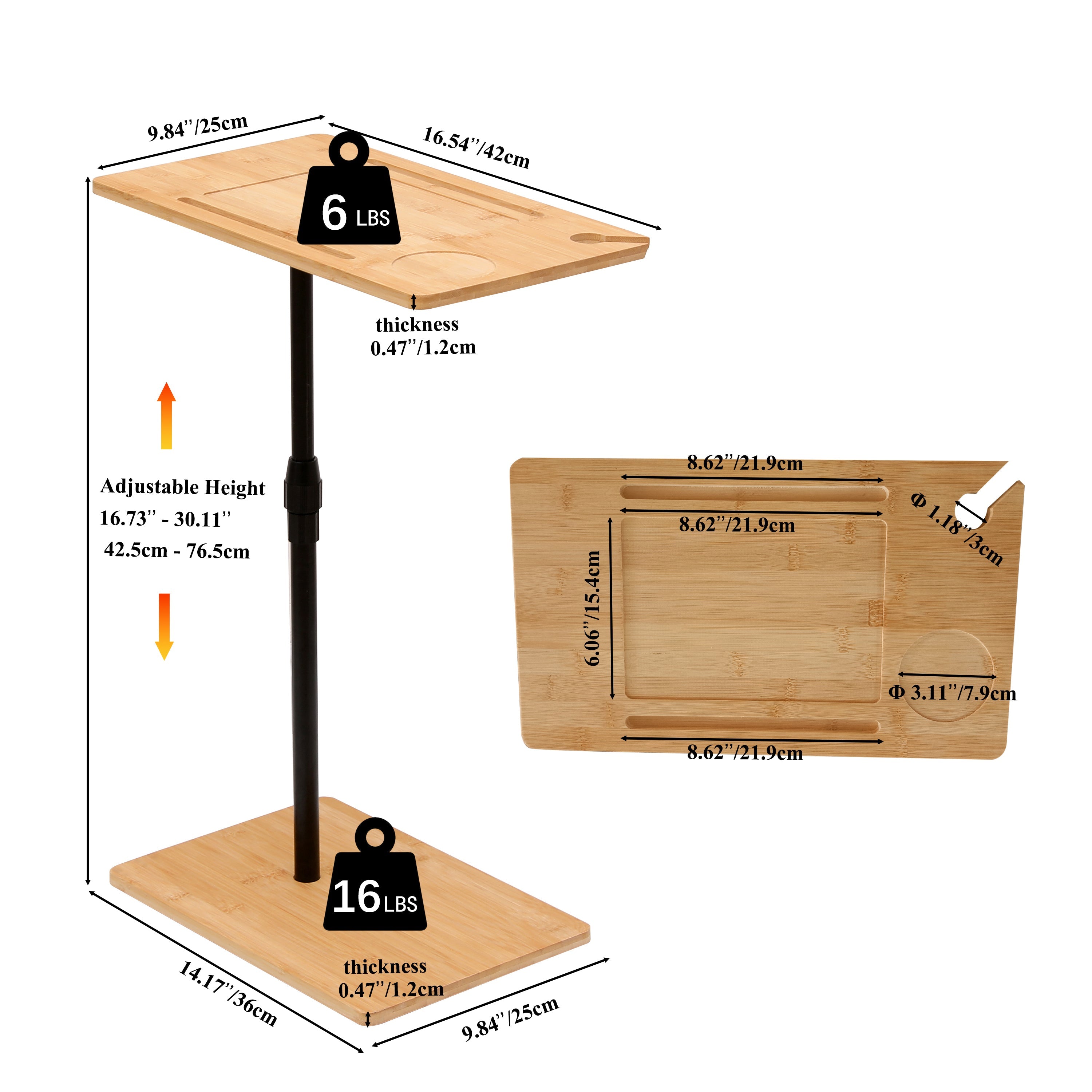 Bamboo Couch Tray Table Height Adjustable C-Shaped End Table with Slots 2 Tier Sofa Side Table for Living Room & Bedroom (Rectangle + Rectangle)