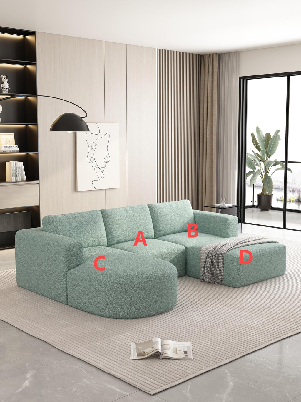 104.32*70.86 Modular Sectional Sofa Sleeper Couch, Sectional Sofa with Chaise and Ottoman, Convertible U Shaped Modular Sofa Set. Compressed spon, Light Green (Combo A+B+C+D)