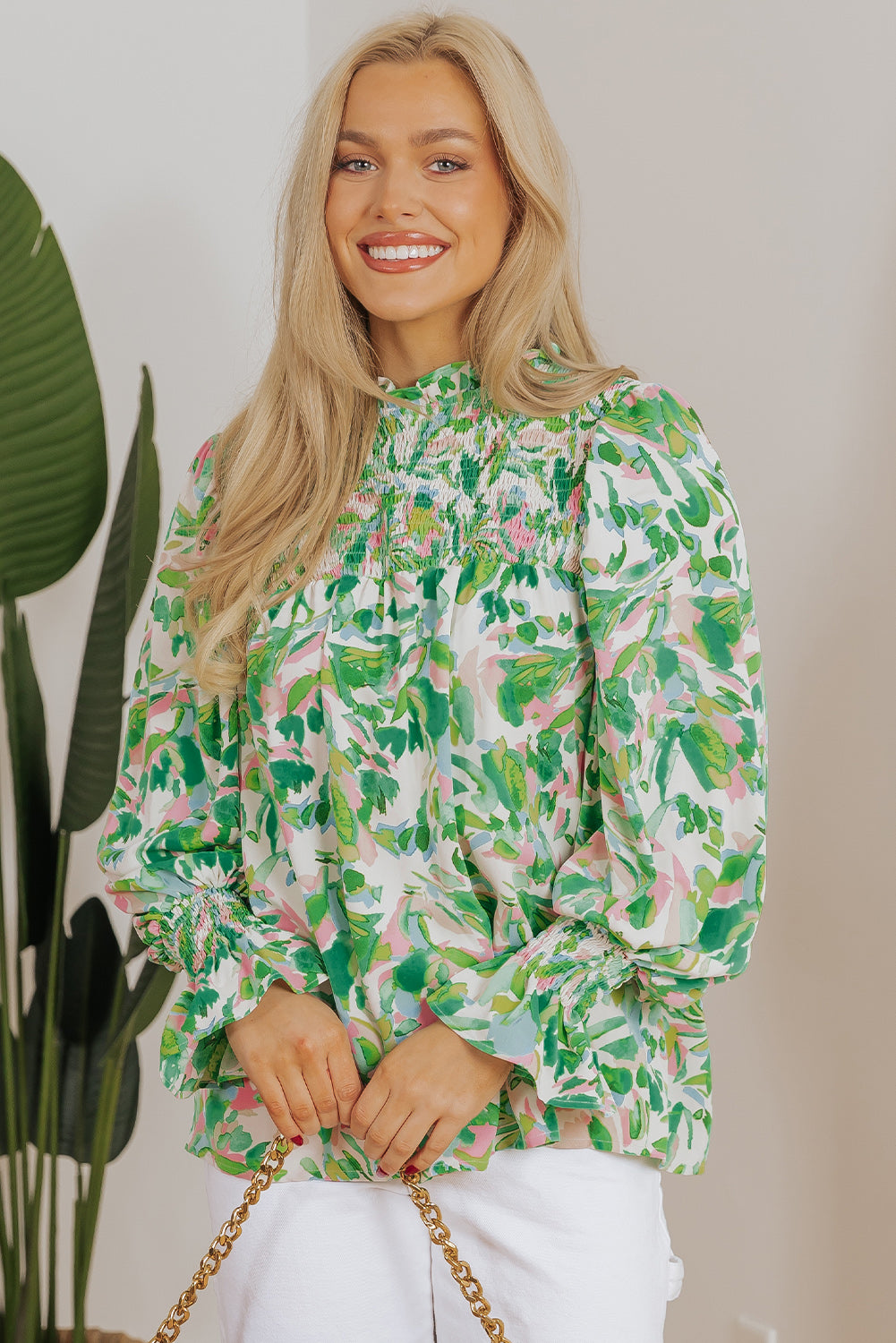 Abstract Floral Flounce Sleeve Mock Neck Blouse