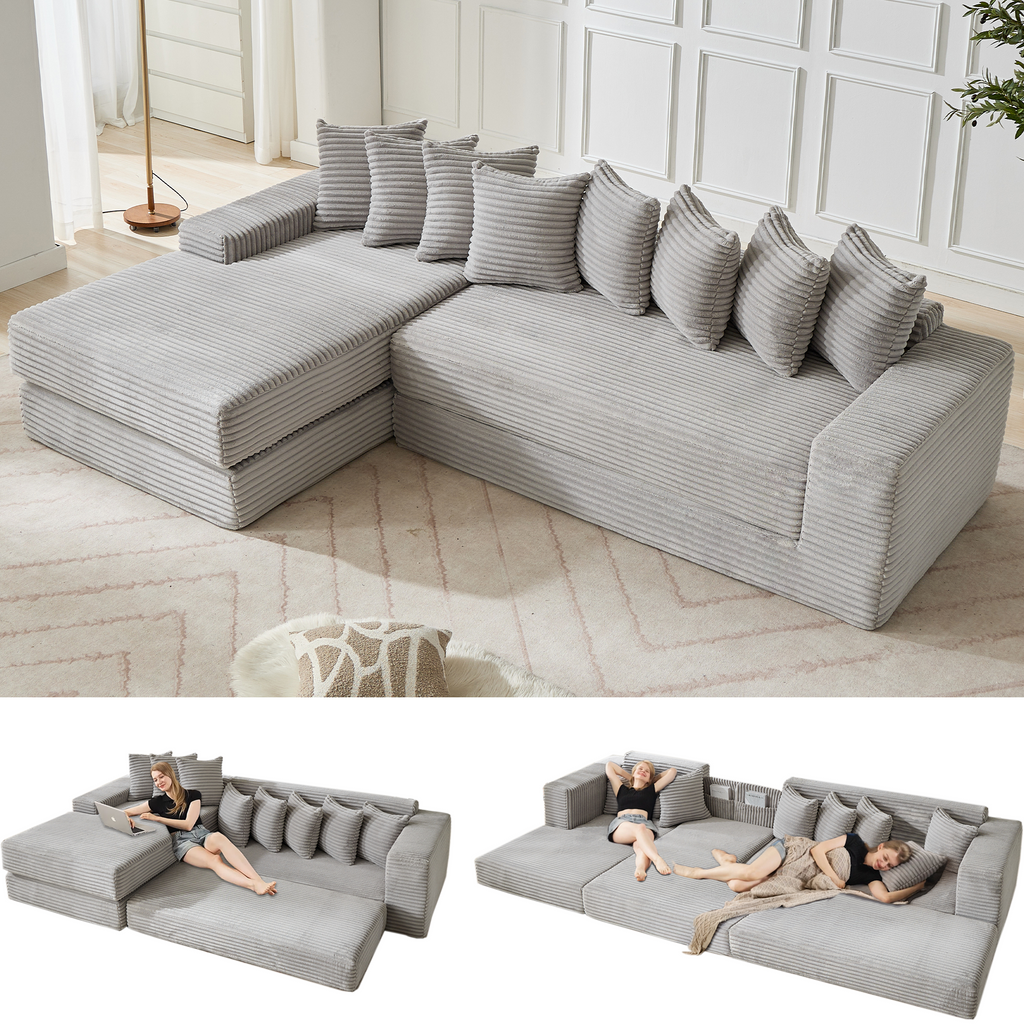 [NEW ARRIVED] [VIDEO PROVIDED]   Oversize Cloud Couch, L-Shape Sofa, Convertible Floor Sleeper Sofa Bed,  No Assembly ,Eight pillows,3-in-1,Side Pocket,(Left Facing Sofa),3 Seat,Corduroy,Light Gray