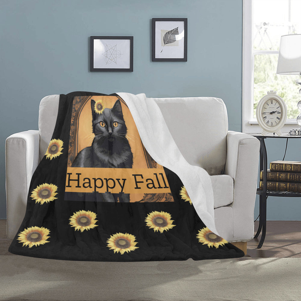 Happy Fall Black Cat with Sunflowers Ultra-Soft Micro Fleece Blanket 50" x 60"(Made in USA)
