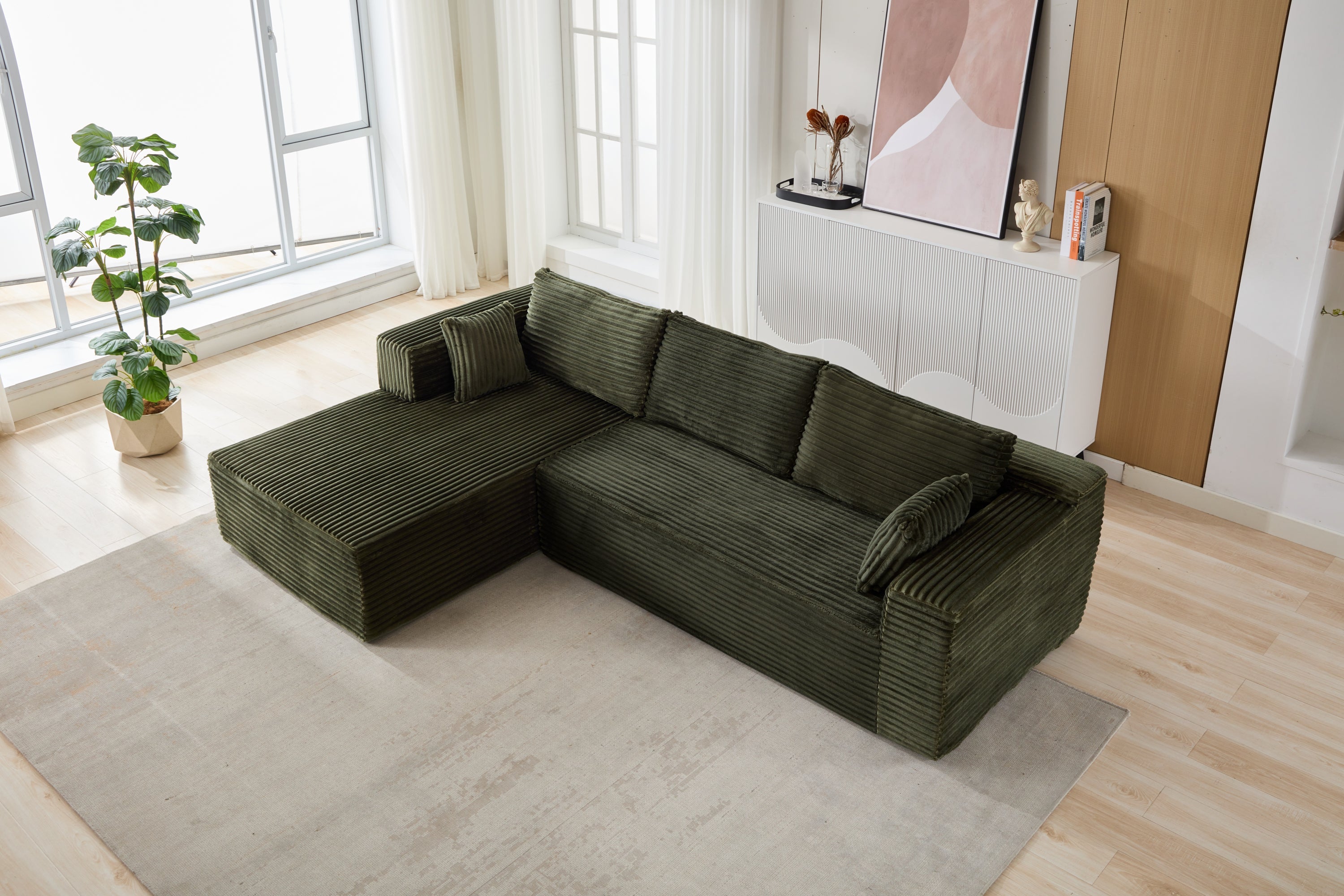 Compression Sectional Couch with Comfy Chaise, Boneless L Shape Sofa with Deep Seat, Minimalist Modular Couches Sleeper for Living Room Bedroom Apartment Lounge,corduroy,Green