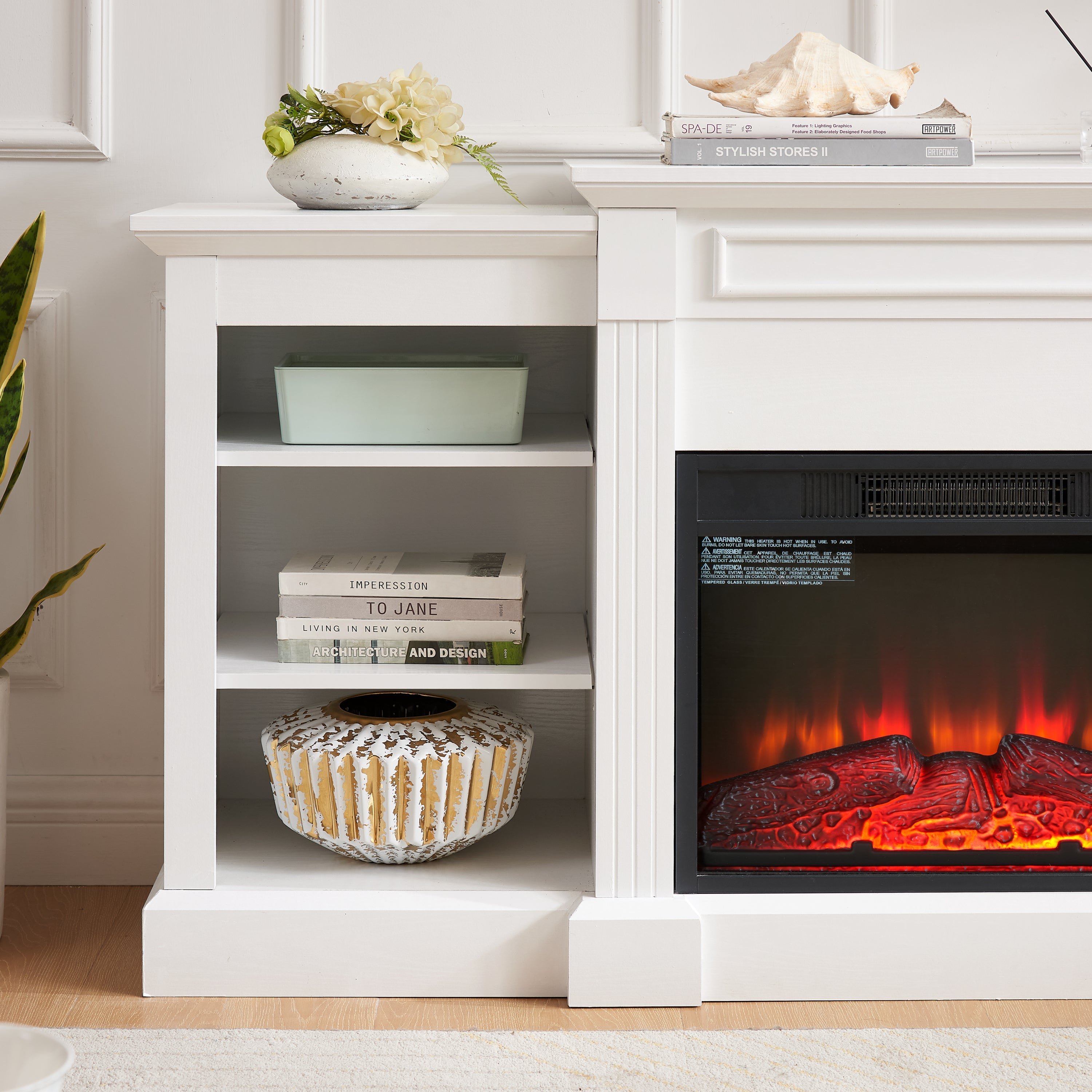 Media Console Table with Large Storage Cabinet, with 23' Fireplace Insert, for TV Up to 70'', Modern TV Media Entertaionment Stand, White, 65.75'W*17'D*32.48'H