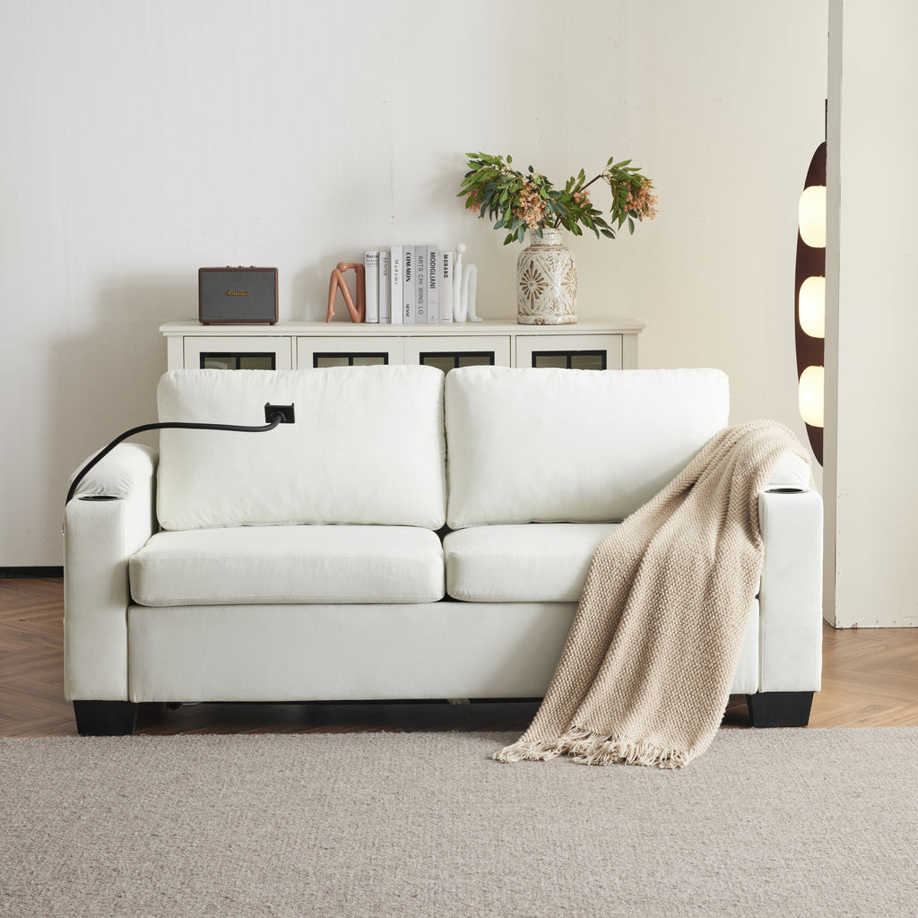 Pull-out sofa bed, chenille material, pull-out queen sofa bed, with USB charging, mobile phone holder, memory sofa, removable and washable cushions, suitable for living room, bedroom, apartment, white