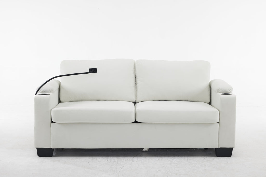 Pull-out sofa bed, chenille material, pull-out queen sofa bed, with USB charging, mobile phone holder, memory sofa, removable and washable cushions, suitable for living room, bedroom, apartment, white