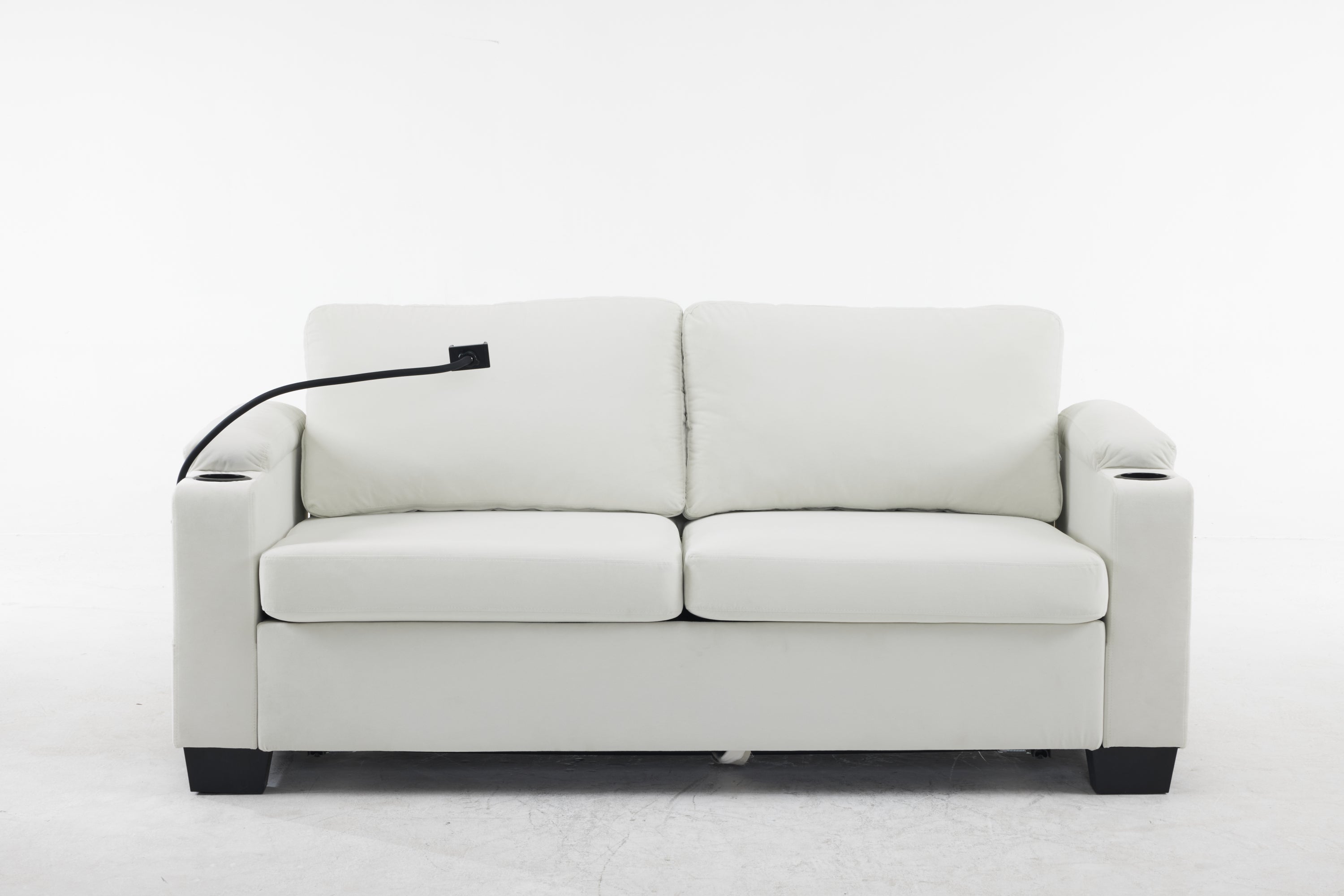 Pull-out sofa bed, chenille material, pull-out queen sofa bed, with USB charging, mobile phone holder, memory sofa, removable and washable cushions, suitable for living room, bedroom, apartment, white