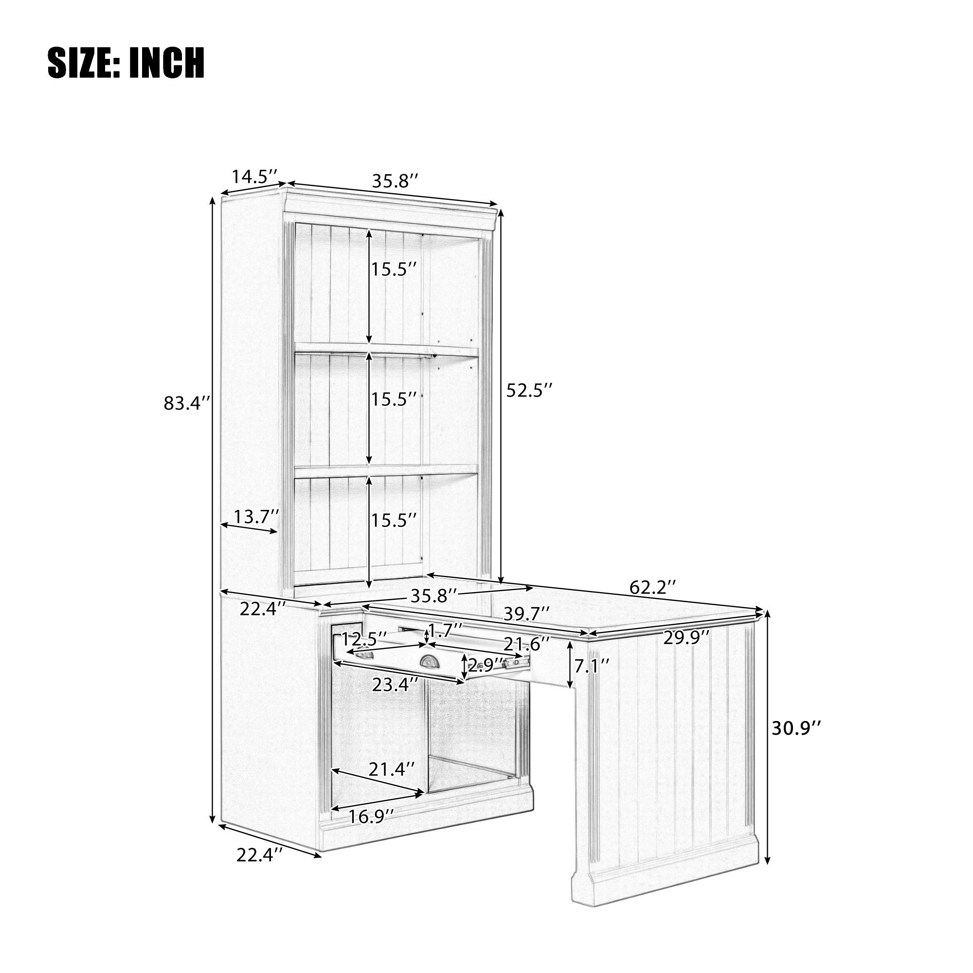 83.4'Tall Bookshelf with Writing Desk, Modern Bookcase with Study Desk, Workstation with Storage Shelf,Storage Bookcase with Open Shelves and LED Lighting for Living Room,Home Office,White