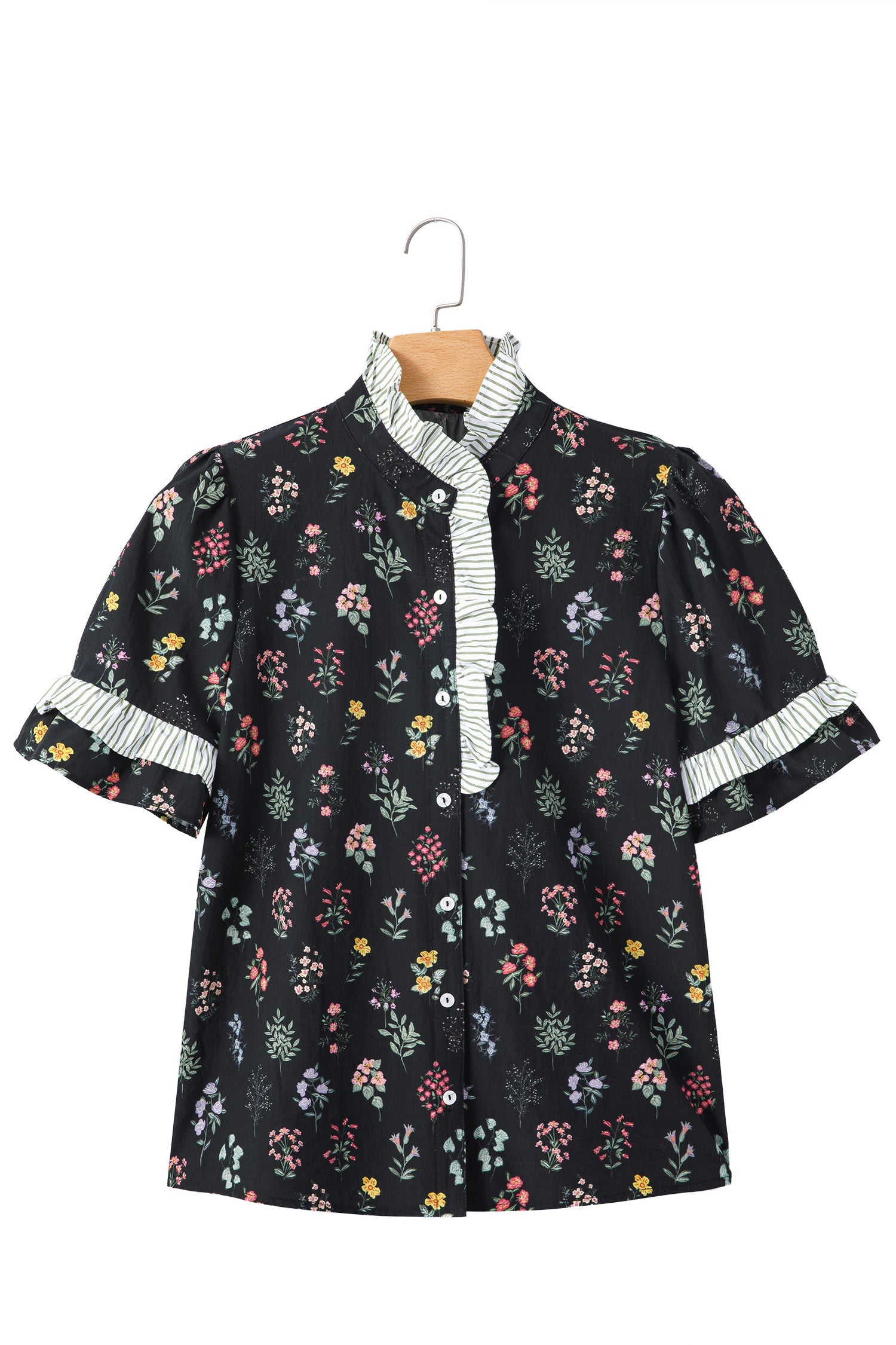 Floral Contrast Frill Trim Short Sleeve Shirt