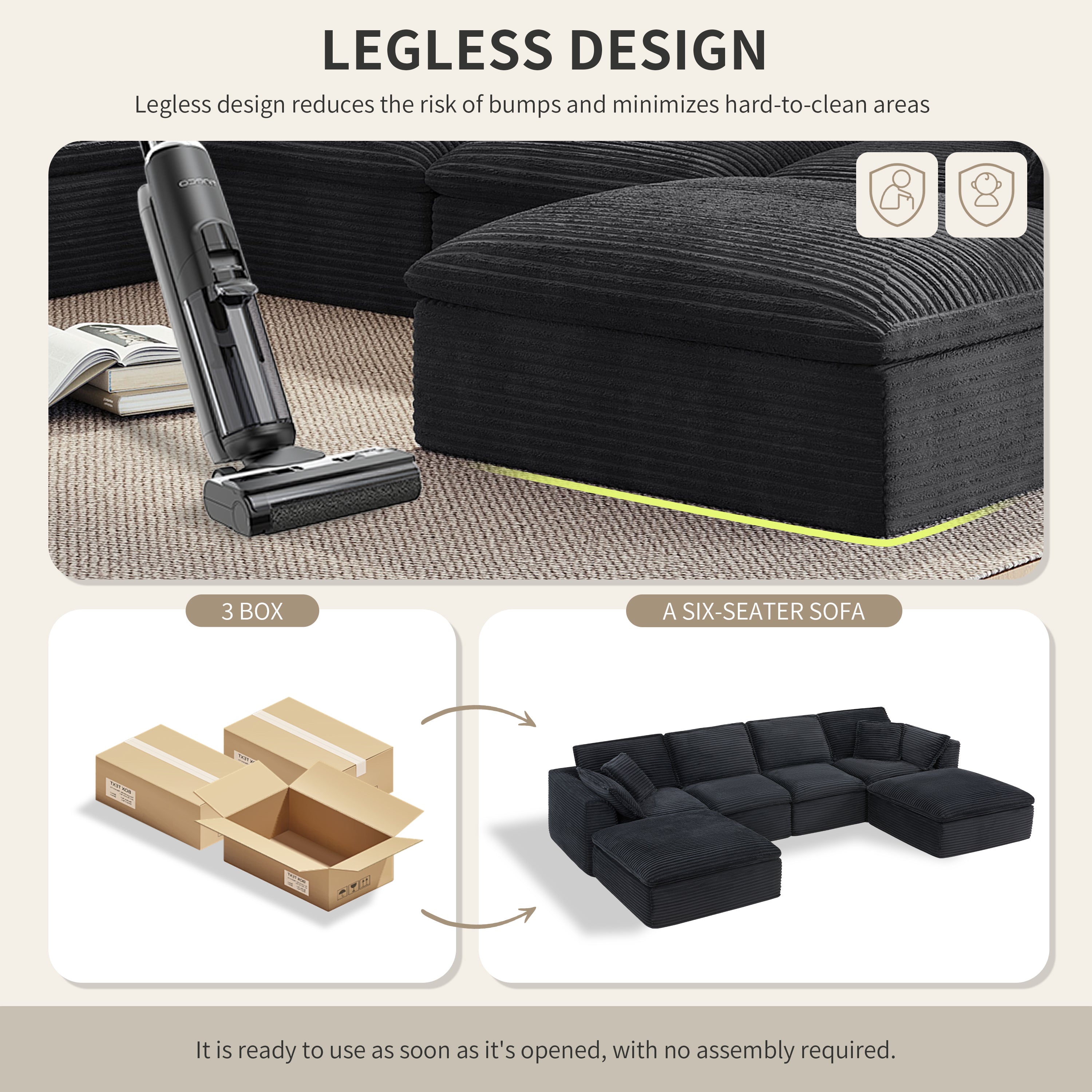 142*82' Fully Compressed Modular Sectional Sofa, U Shape with Ottomans, Luxury Corduroy with Extra Width&Depth Cloud Like Soft Cushion, No Assembly Required, for Living Room&Apartment,2 Colors