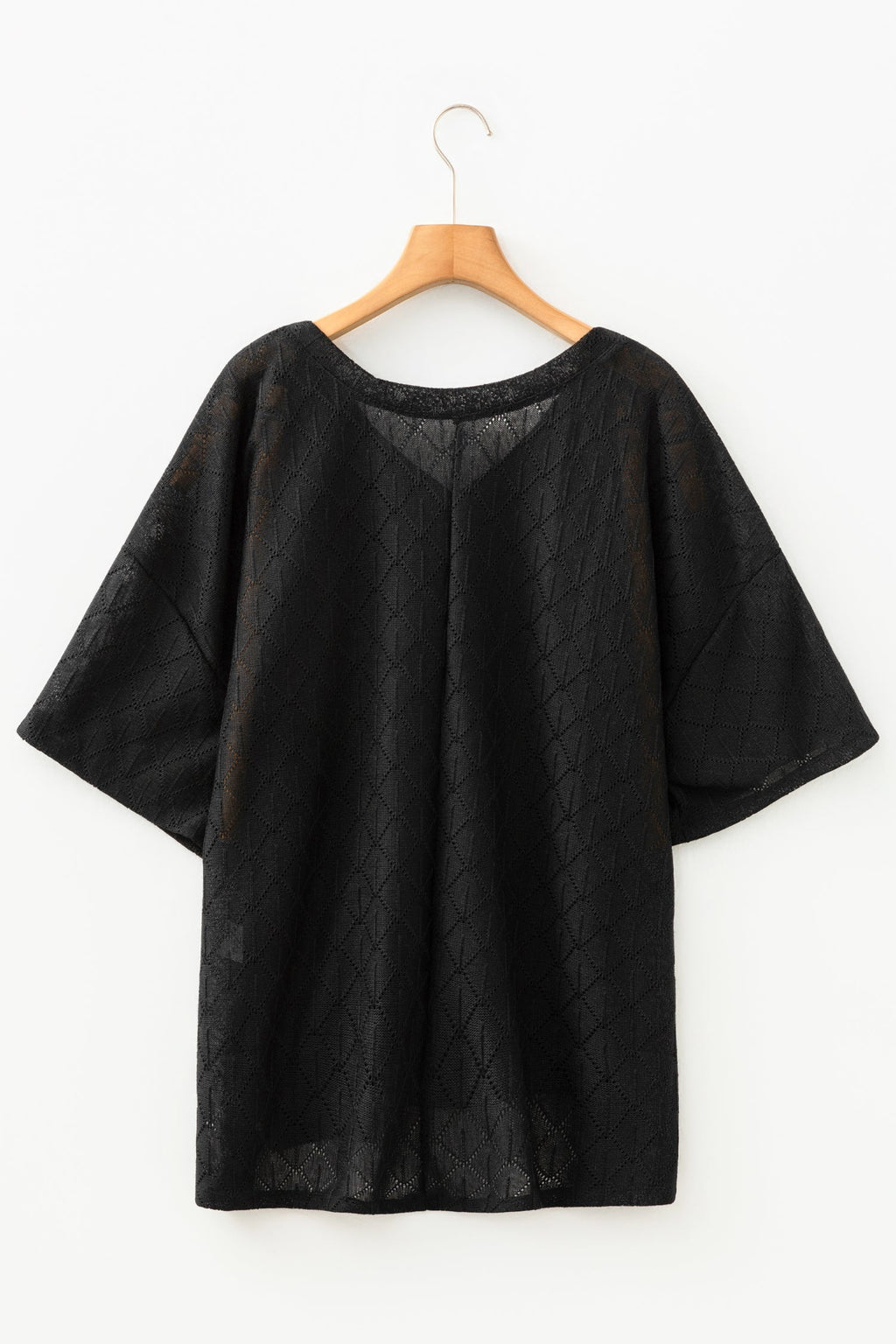 Plus Size Solid Pointelle Knit Rhombus V-Neck Top