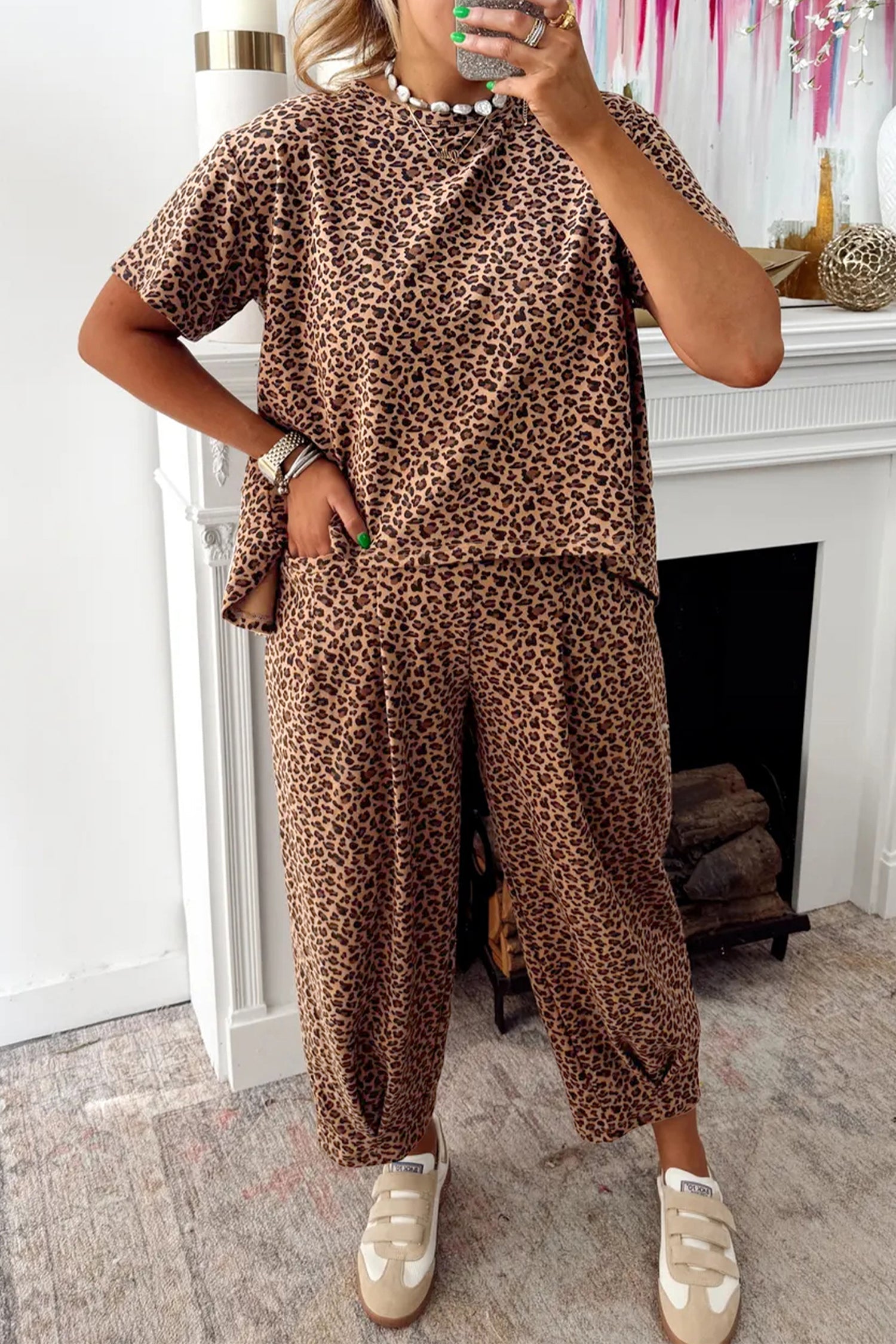 Leopard Loose Tee & Drawstring Waist Pants Set