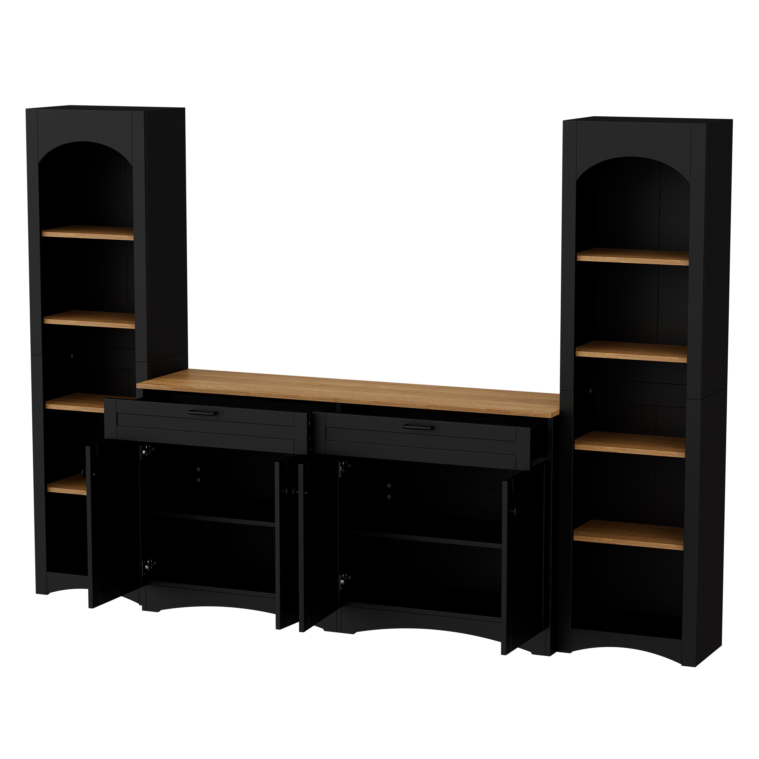 ON-TREND 3-Piece Farmhouse Entertainment Center with Storage Cabinet for TVs Up to 70', Mid-Century TV Stand with Bookshelf, Rustic Versatile Sideboard with Adjustable Shelves for Living Room, Black