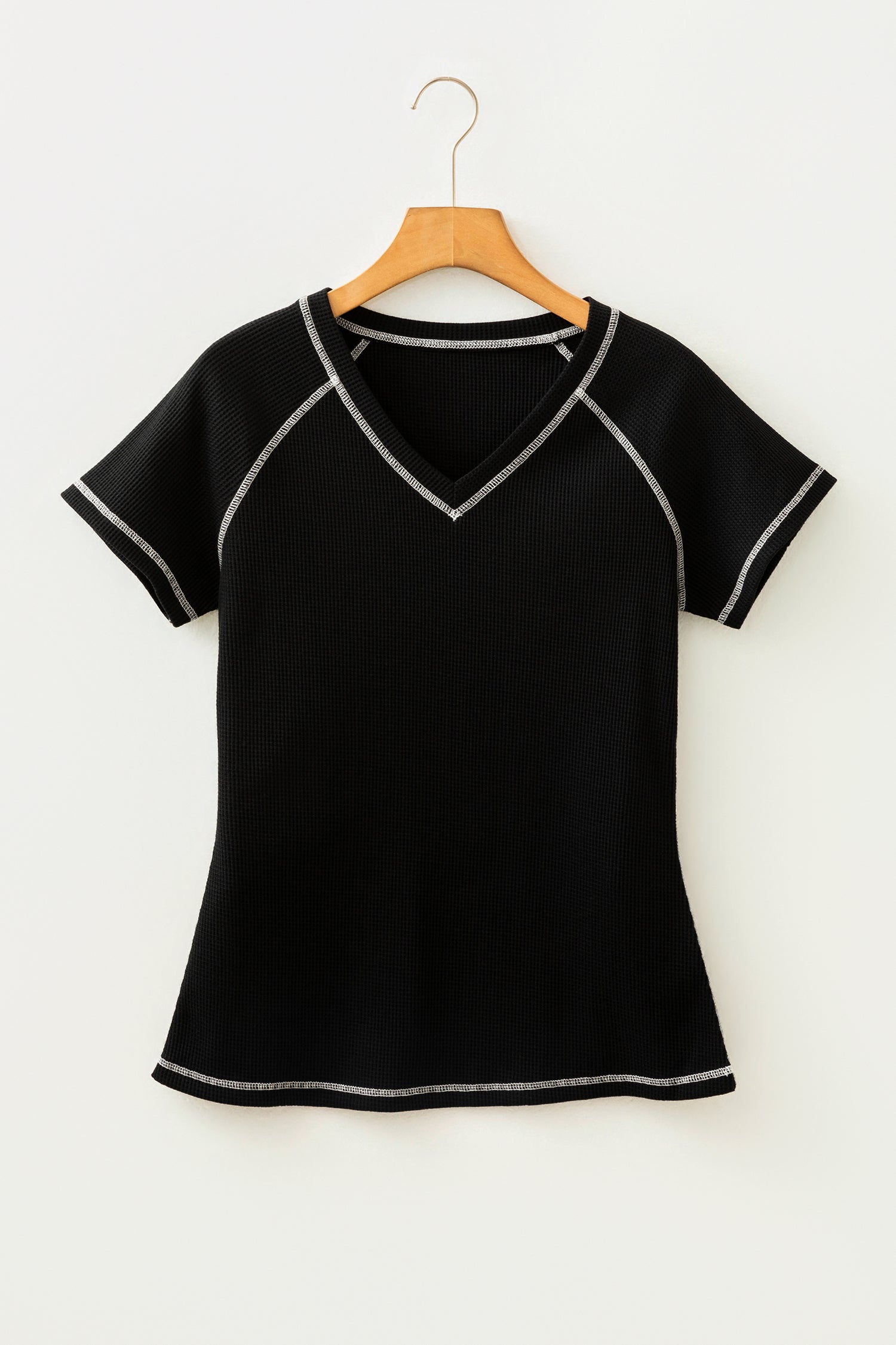 Waffle Textured Contrast Trim V-Neck Tee