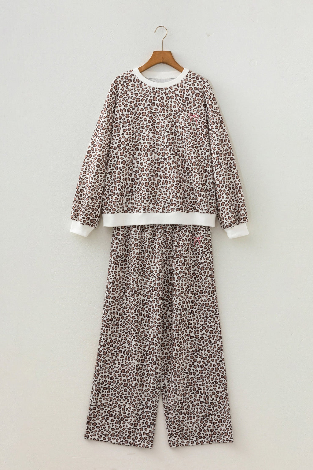 Leopard Bow Embroidered Colorblock Top & Pants Set