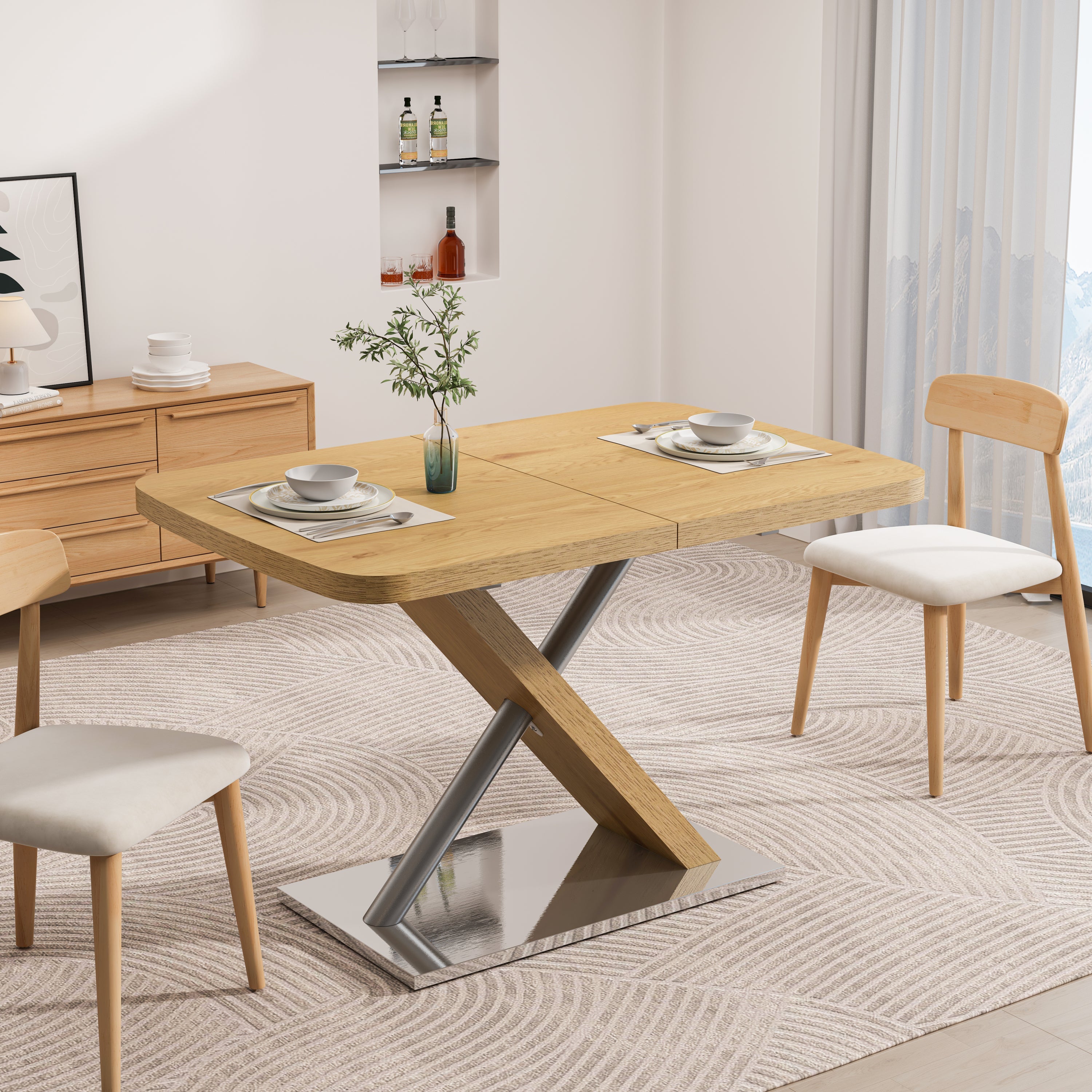 47.25 '-63' Dining Table, Original Wood Color, Seating 4-6 People, Retractable Table, Cross Metal Base and Stainless Steel Tubing(Natural)