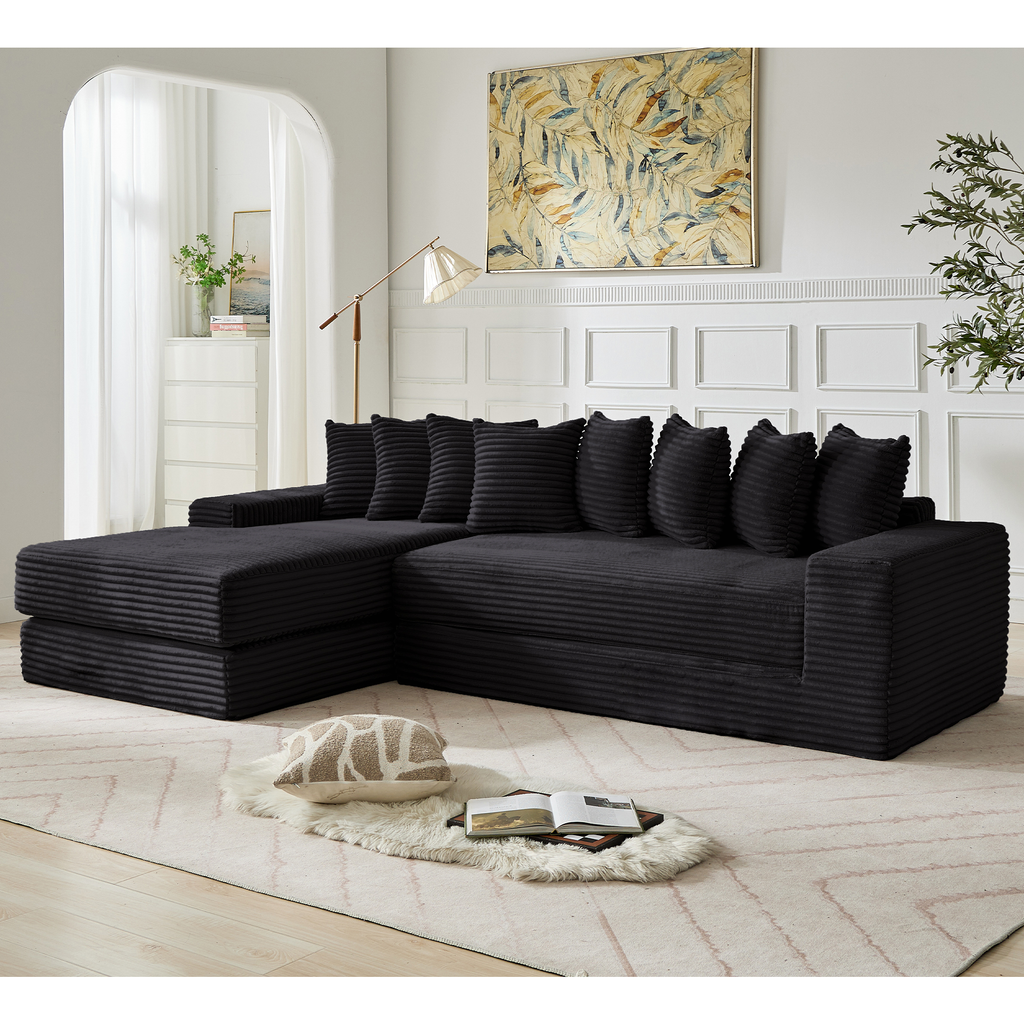[NEW ARRIVED] [VIDEO PROVIDED] Oversize Cloud Sectional Couch, L-Shape Sofa, Convertible Floor Sleeper Sofa Bed, No Assembly ,Eight pillows,3-in-1,Side Pocket,(Left Facing Sofa),3 Seat,Corduroy,Black