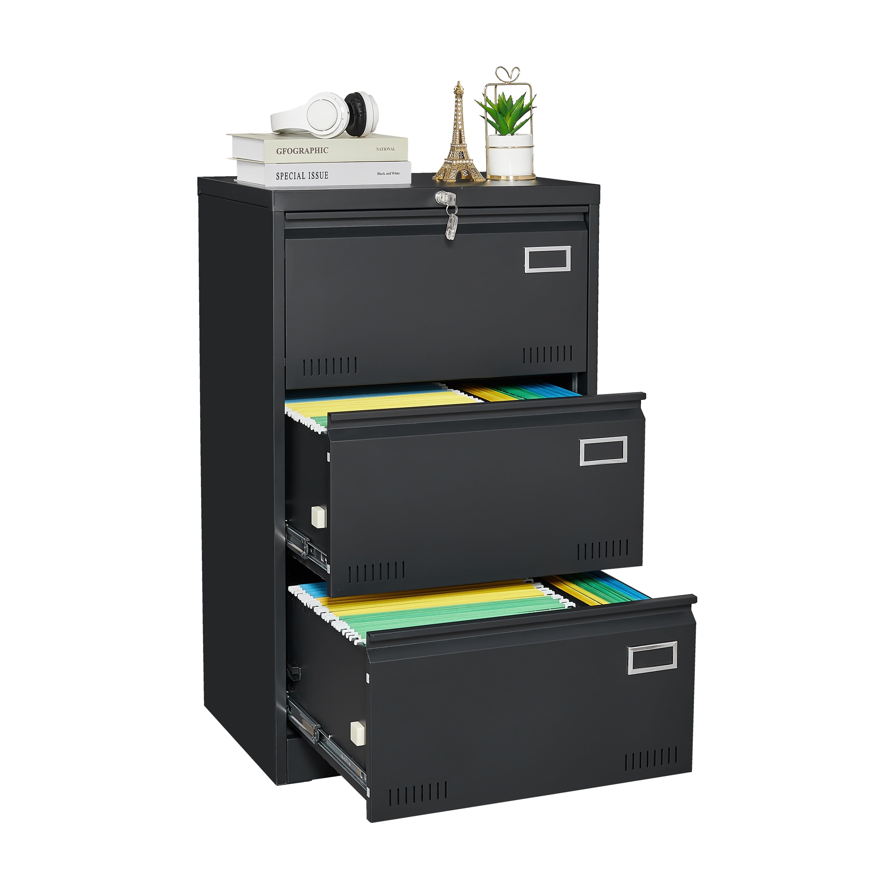Black Metal 3-Drawer Lateral Filing Cabinet with Lock for Home and Office