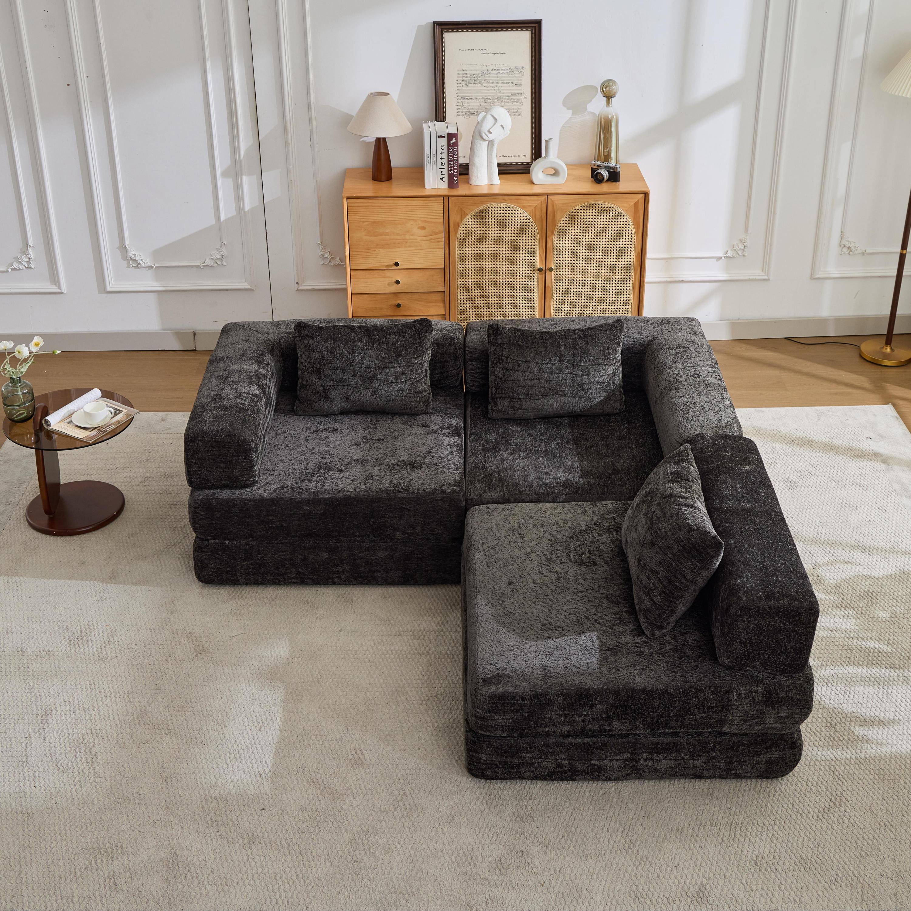 Compression Sofa,Convertible Floor Sofa Bed with Fixed-Shape Frame, Boneless Modular Sectional Sofa,No Assembly Required,Chenille fabric,for Living Room Bedroom,Black