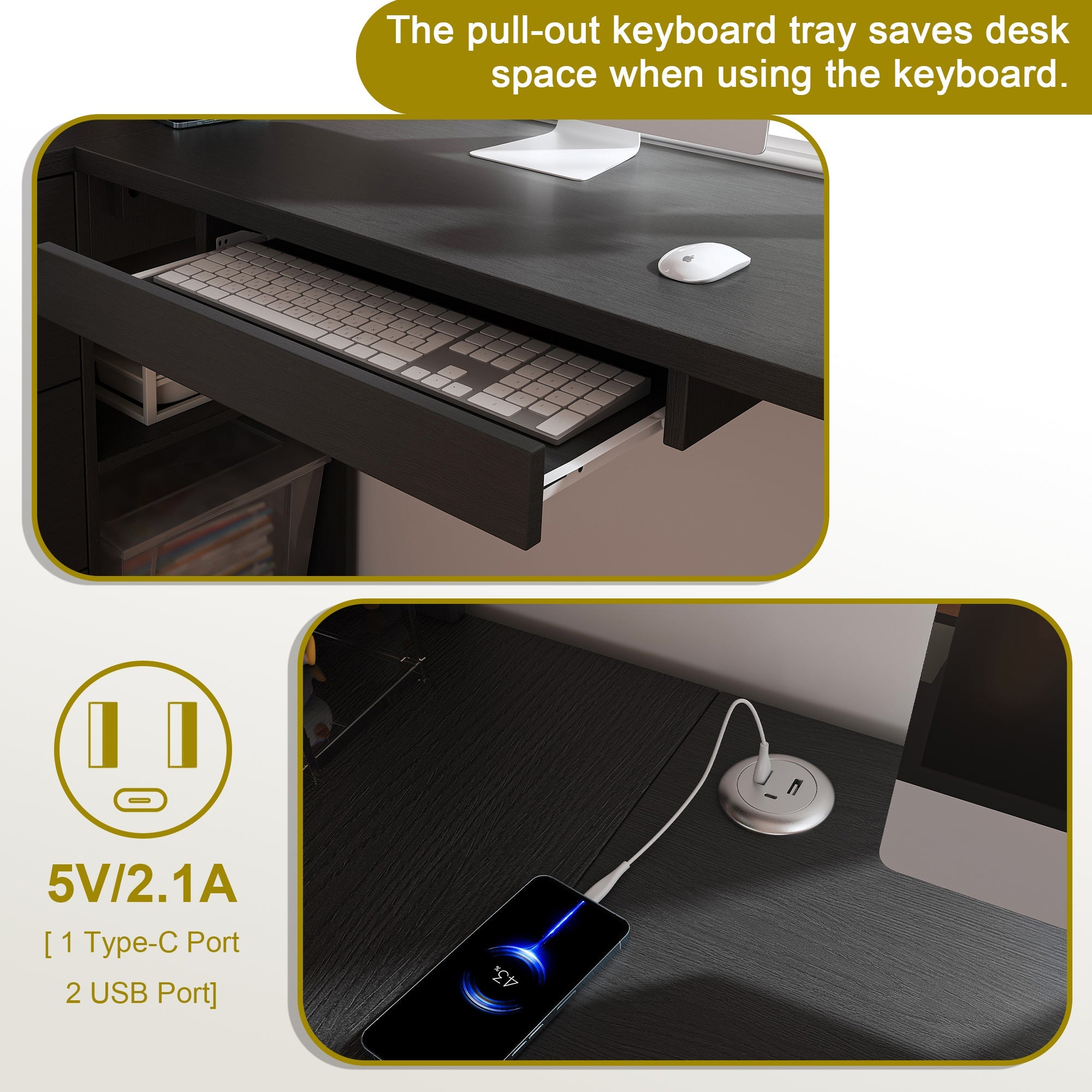 Black L-Shaped Computer Desk with Glass Cabinets, Built-In LED Lights, USB Charging Ports, and Keyboard Tray - Ergonomic Office Furniture for Home and Corporate Workspaces