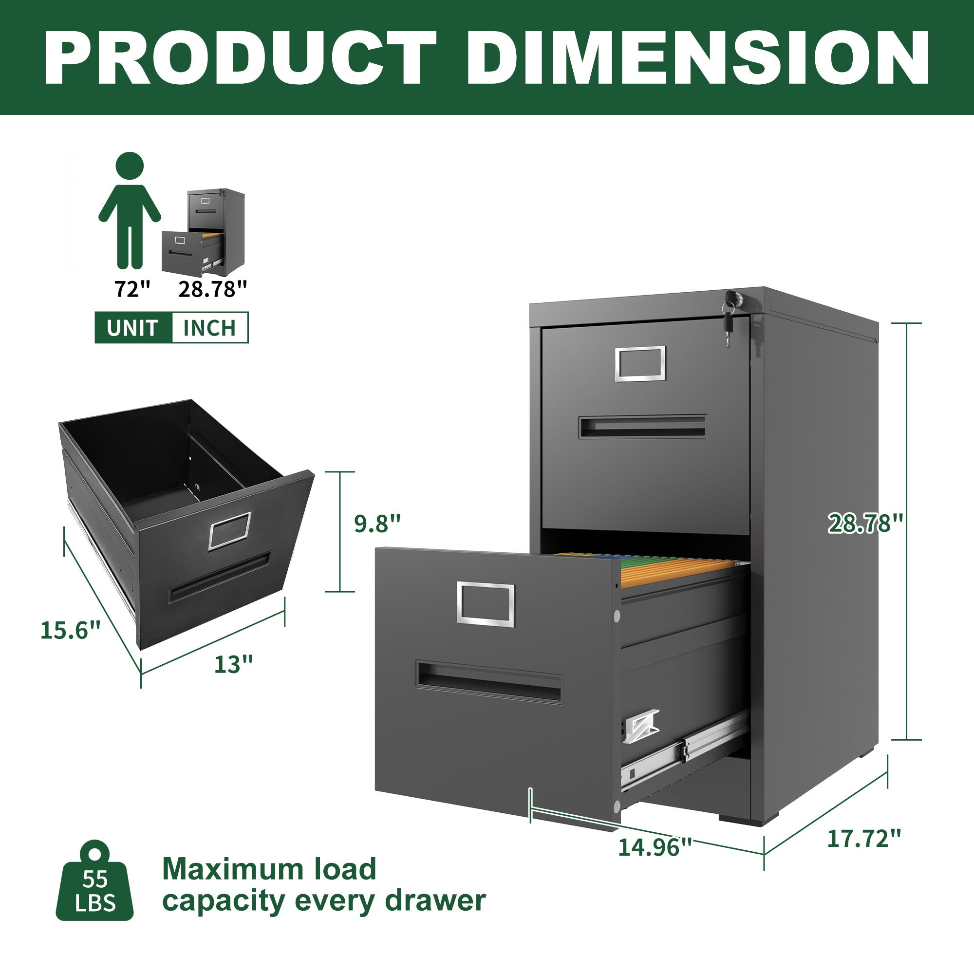 Premium Metal 2 Drawer File Cabinet with Lock for A4 Legal/Letter Size Documents, Black Steel, 28.5 Inches