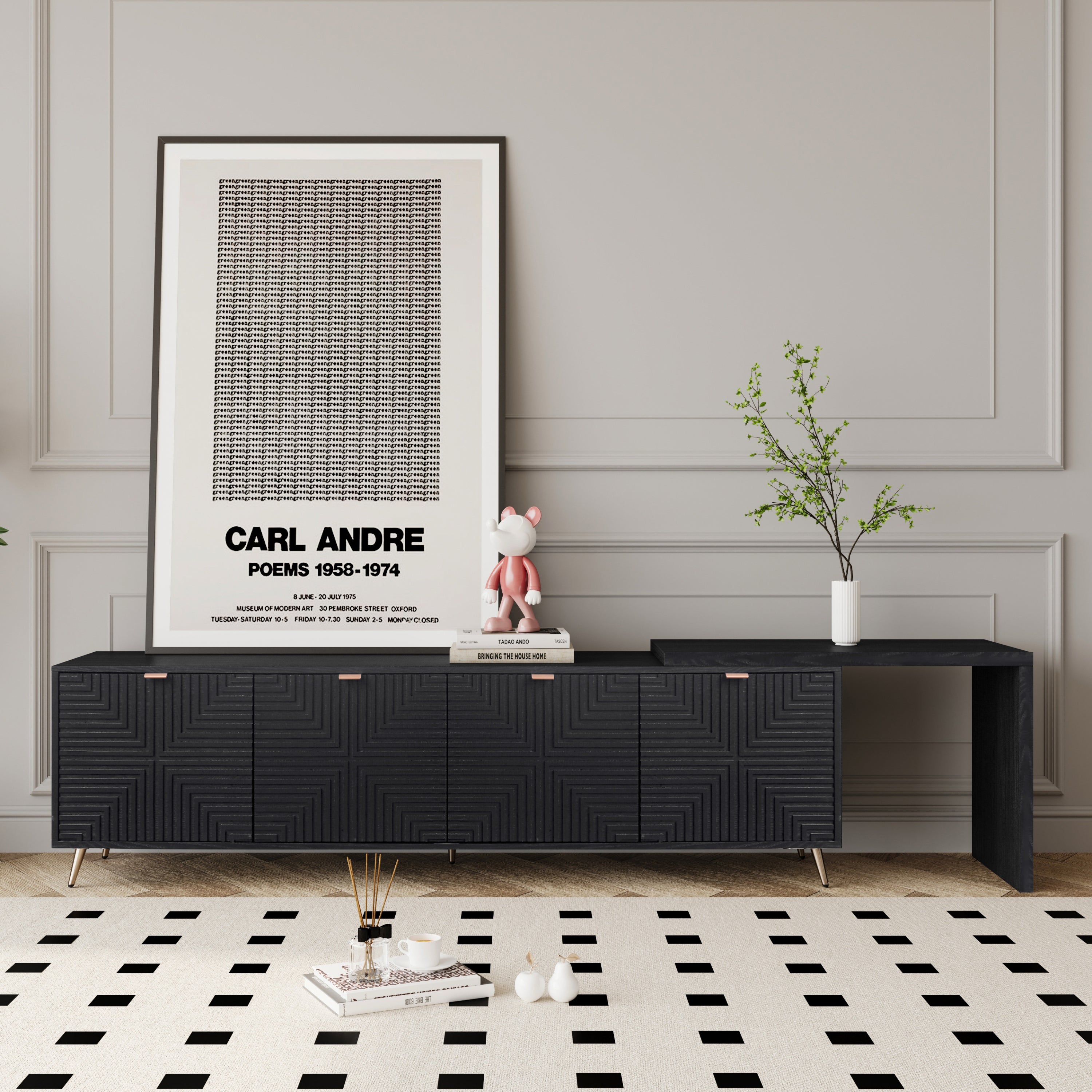 70'-90' Extendable TV Cabinet, Modern Entertainment Center with Storage and Adjustable Shelves, Lacquered and Real Wood Veneered TV Console for Living Room, Hallway, Entryway, Black