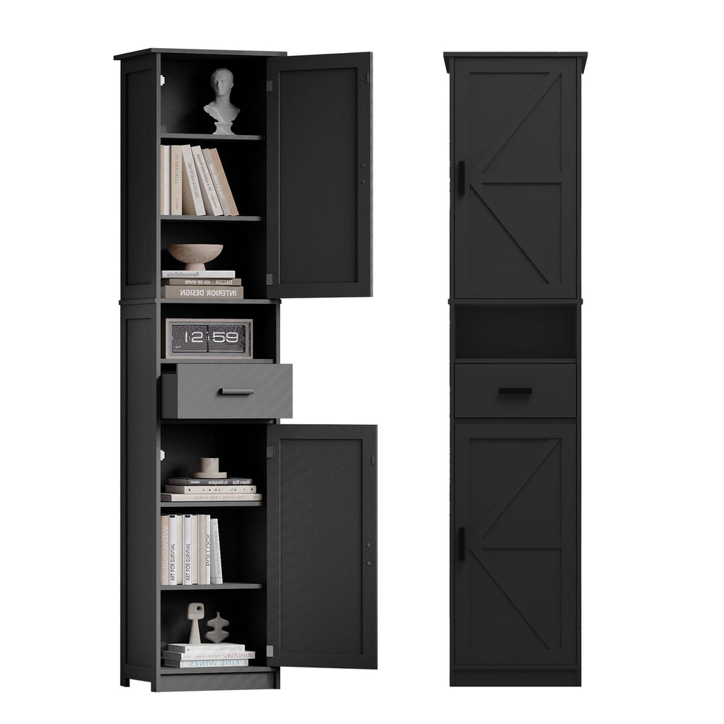 69' H Tall Bathroom Storage Cabinet with 2 Barn Doors and 1 Drawer, Narrow Storage Unit, Adjustable Shelves,Floor Cabinet for Bathroom, Living Room, Entryway,Kitchen,(Black)