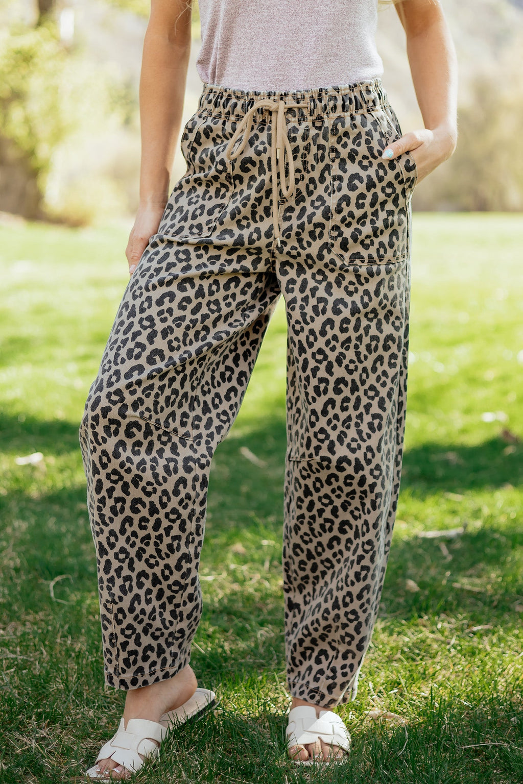 Leopard Denim Drawstring Elastic Waist Loose Pants