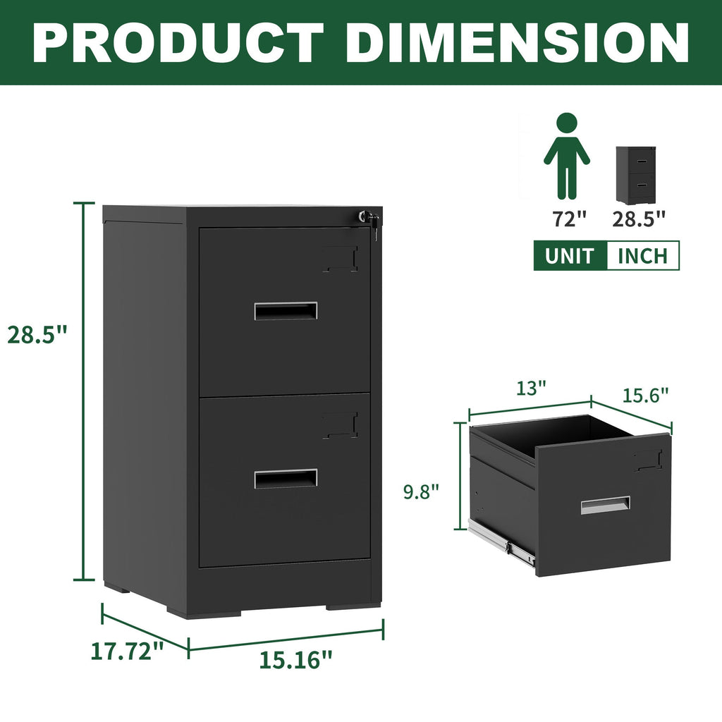 Modern Black 2 Drawer Metal Vertical File Cabinet with Lock and Card Slot for Office and Home Use