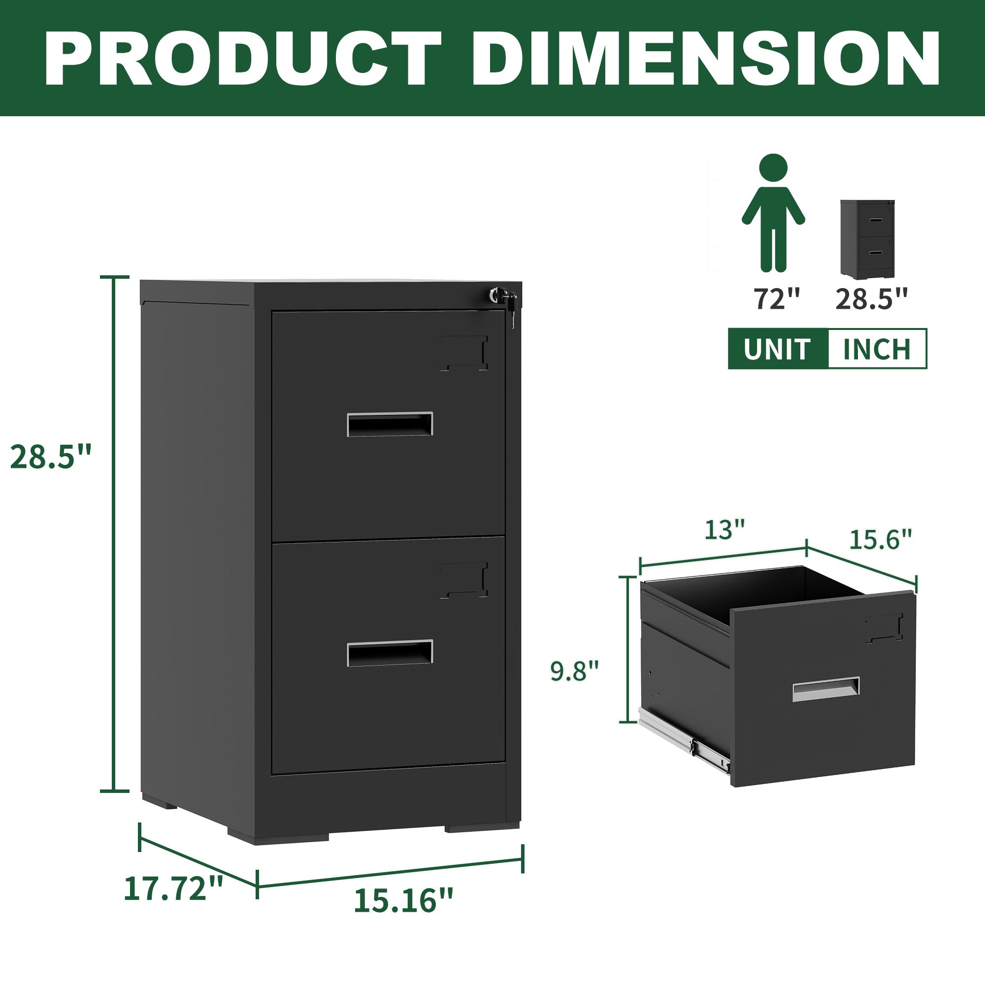 Modern Black 2 Drawer Metal Vertical File Cabinet with Lock and Card Slot for Office and Home Use