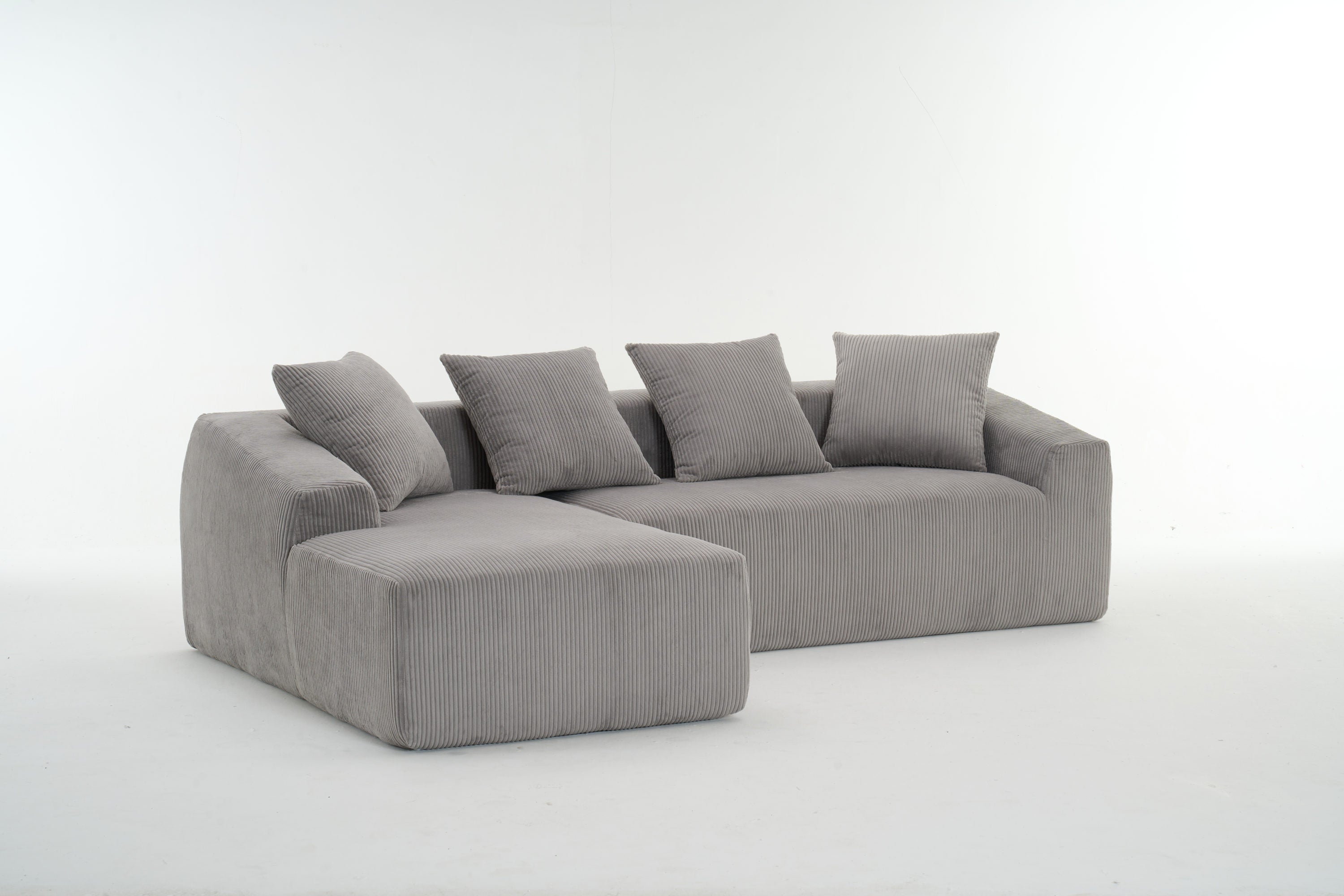LY-023 LIGHT GREY COMPRESSION SOFA: Combining chaise longue with 3-seater, Corduroy Fabric, full sponge compression sofa,combined sofa with 4 pillows for living/ Home Furniture/ Apartment