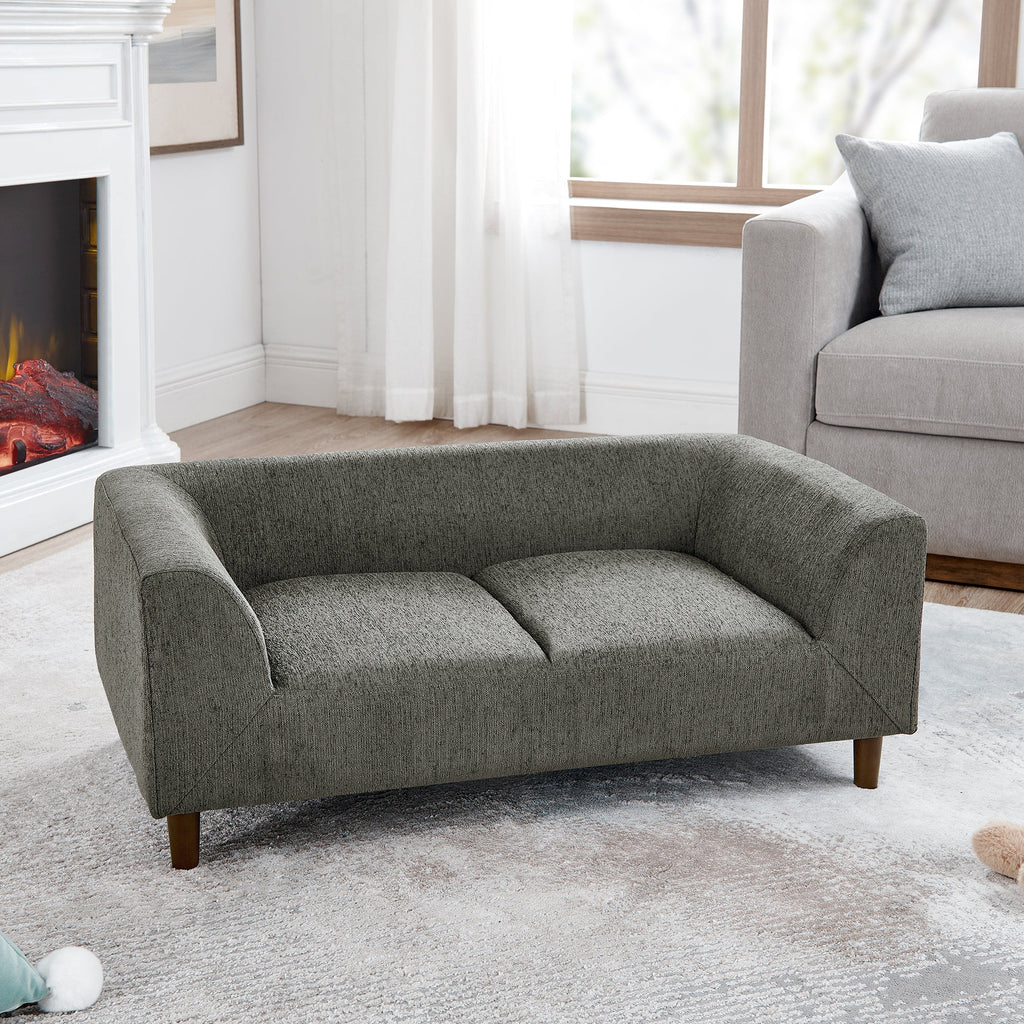 Modern Rectangular Pet Sofa with Backrest and Armrests, Soft Cushion, Dark Grey Linen, Rubber Wood Frame