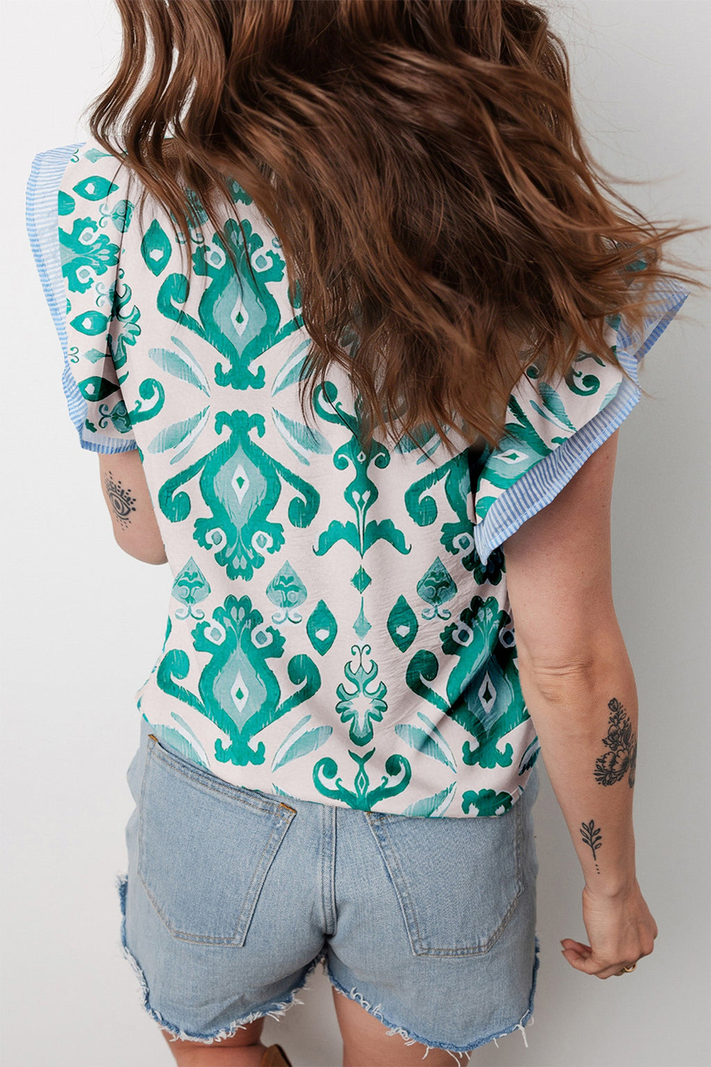 Stripe Trim Flutter Sleeve Top
