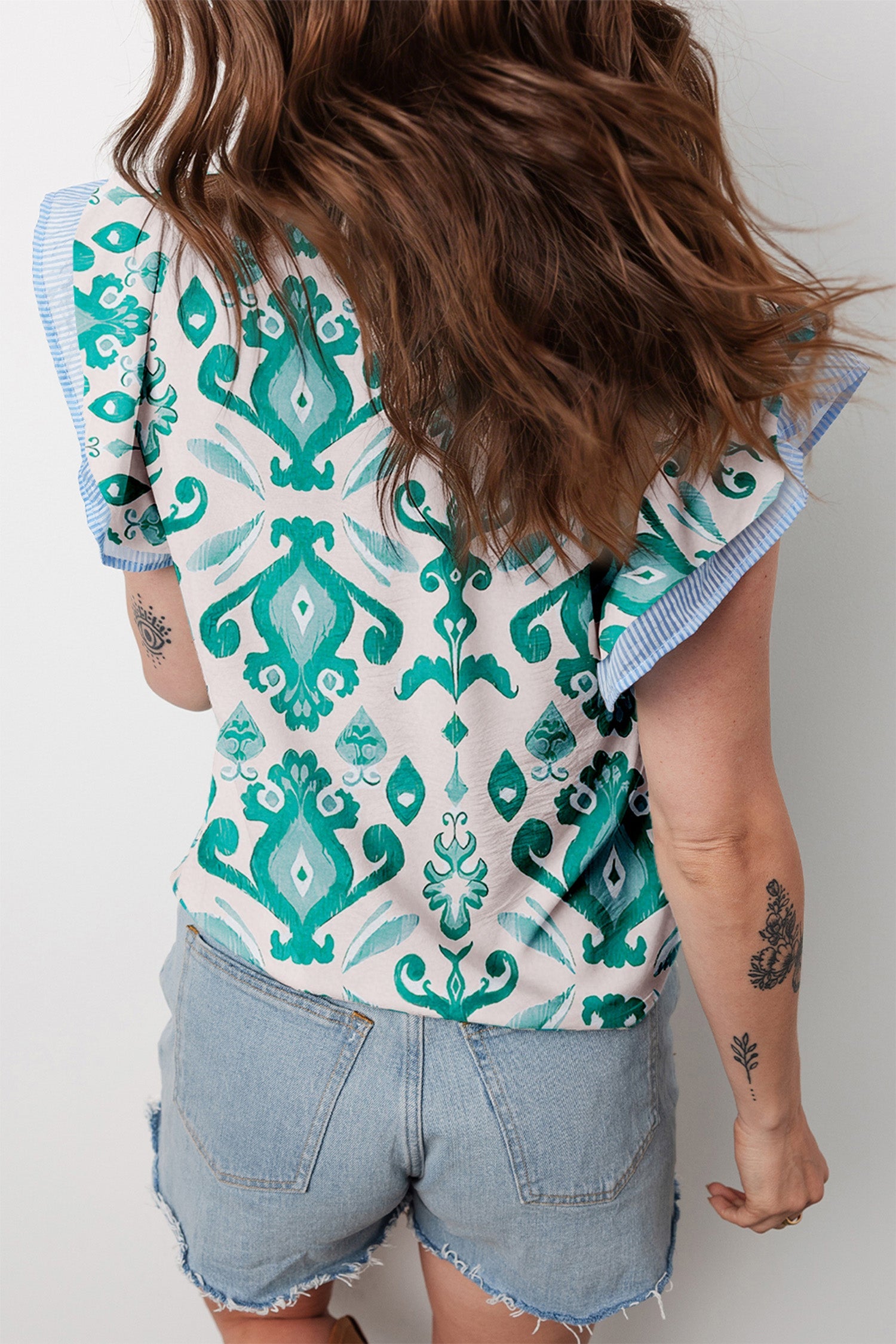 Stripe Trim Flutter Sleeve Top