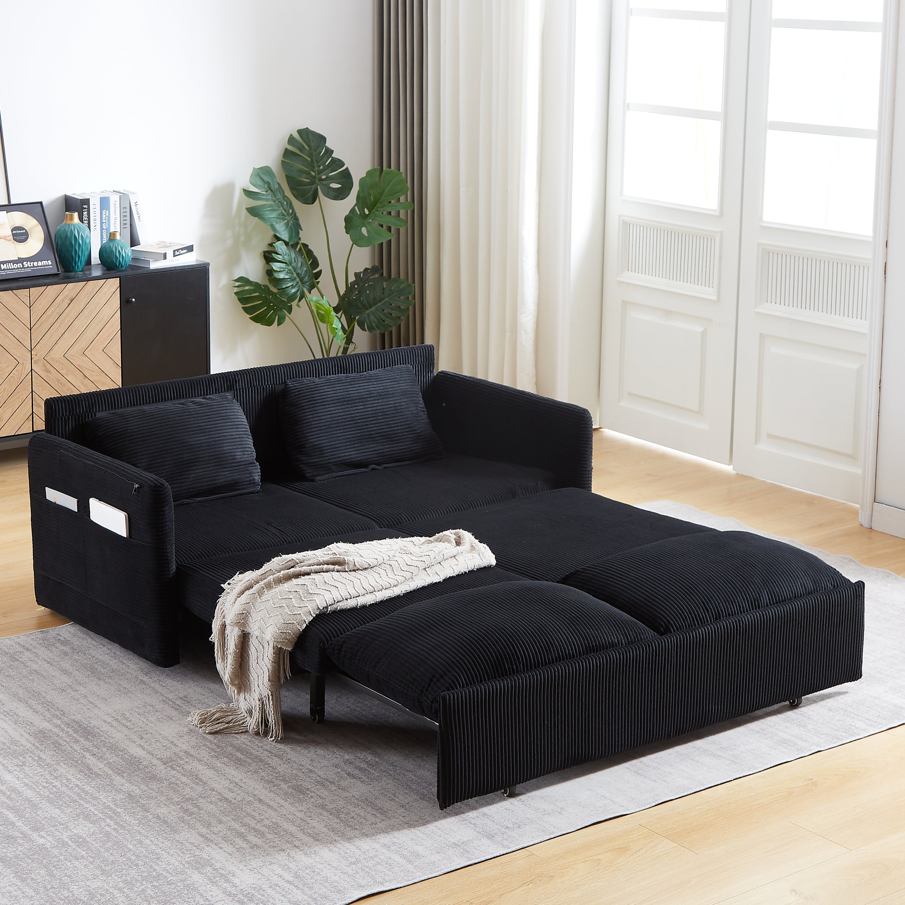 MH'' 64.5 Inch Sleeper Sofa Bed  3-in-1 Adjustable Sleeper with Pullout Bed   2 Pillows and Side Pockets  Soft Corduroy Convertible Sleeper Sofa Bed for Living Room Bedroom Apartment Office
