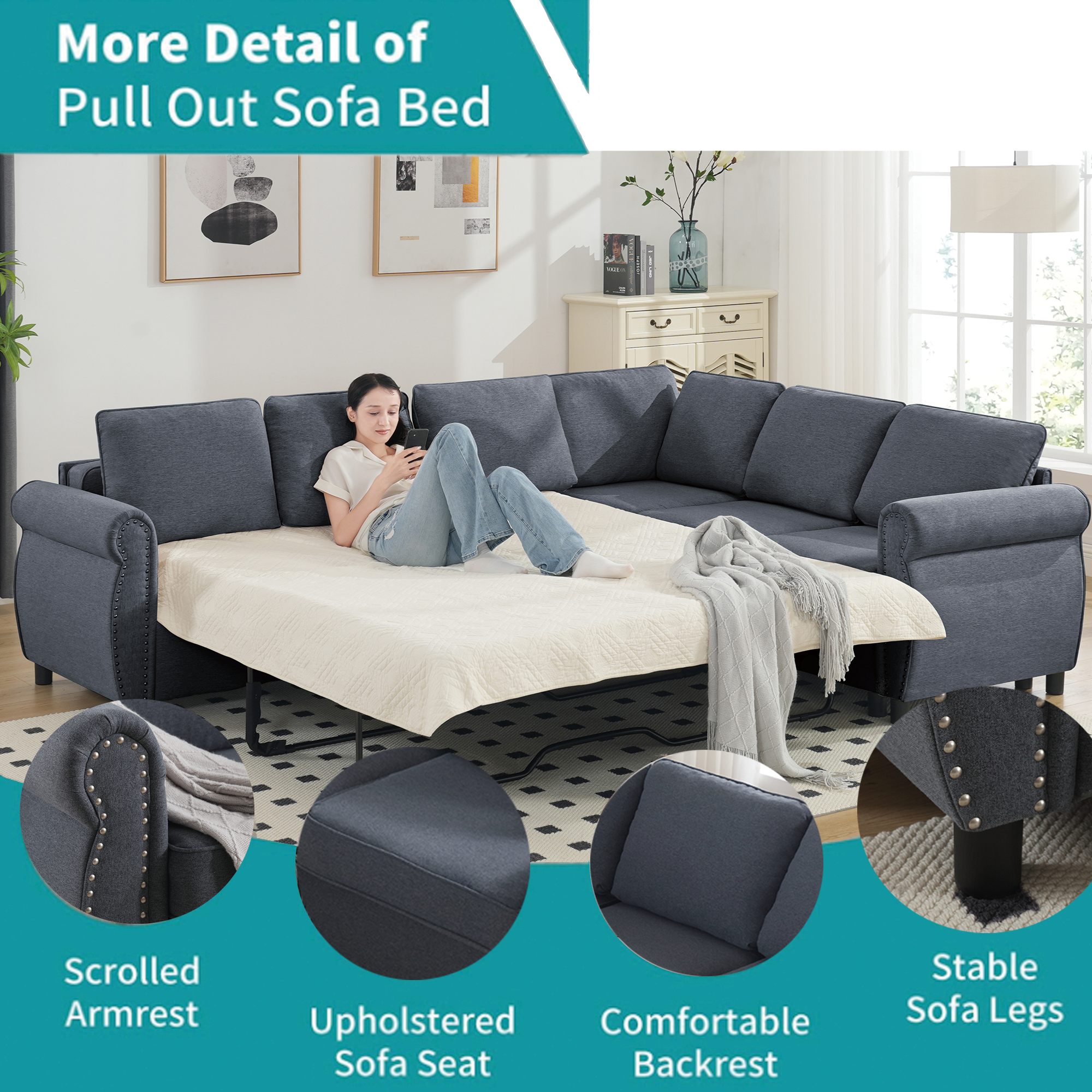 [NEW ARRIVED] [VIDEO PROVIDED] Sleeper Sofa, 2 in 1 Pull Out Couch Bed,6 seater sofa bed, L Shaped Sleeper Sectional Sofa Couch,Riveted sofa,104'' Large combined sofa Bed in living room, GRAY