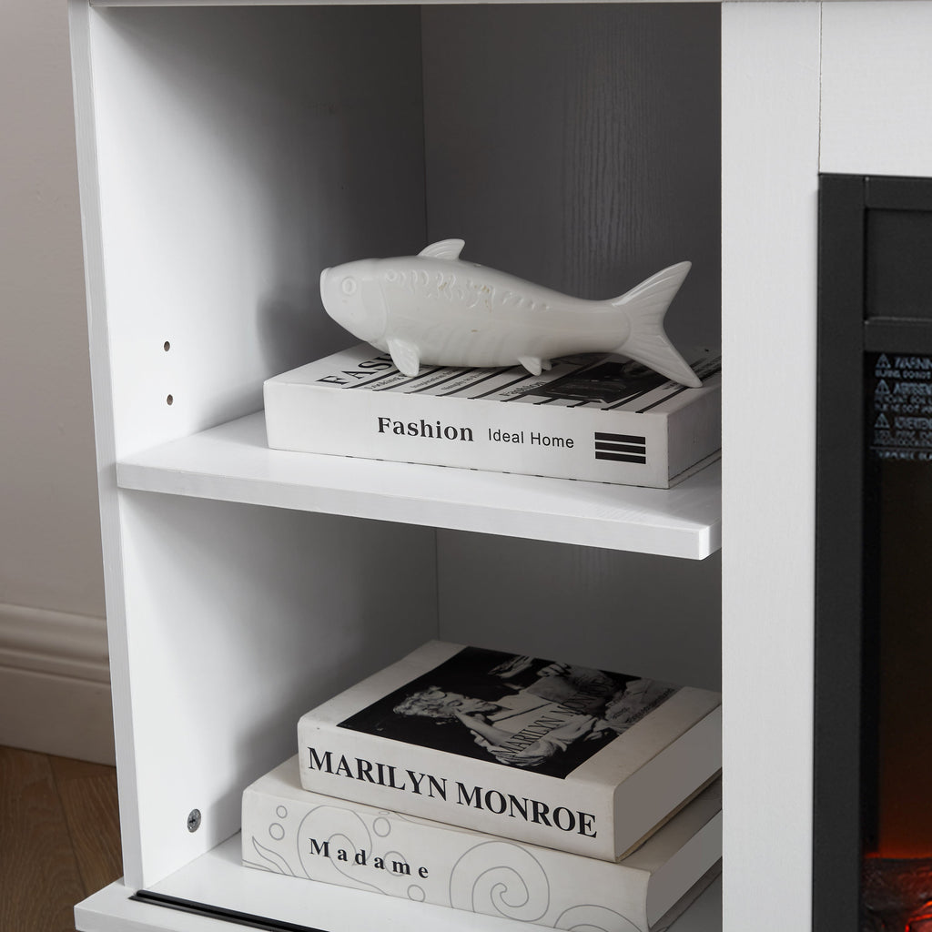 Multipurpose Sliding Door TV Cabinet Large Storage Cabinet with 2 Sliding Glass Doors, TV Storage Rack with 23' Fireplace TV Cabinet, WHITE+BROWN, 59.13'W*15.94'D*27.8'H