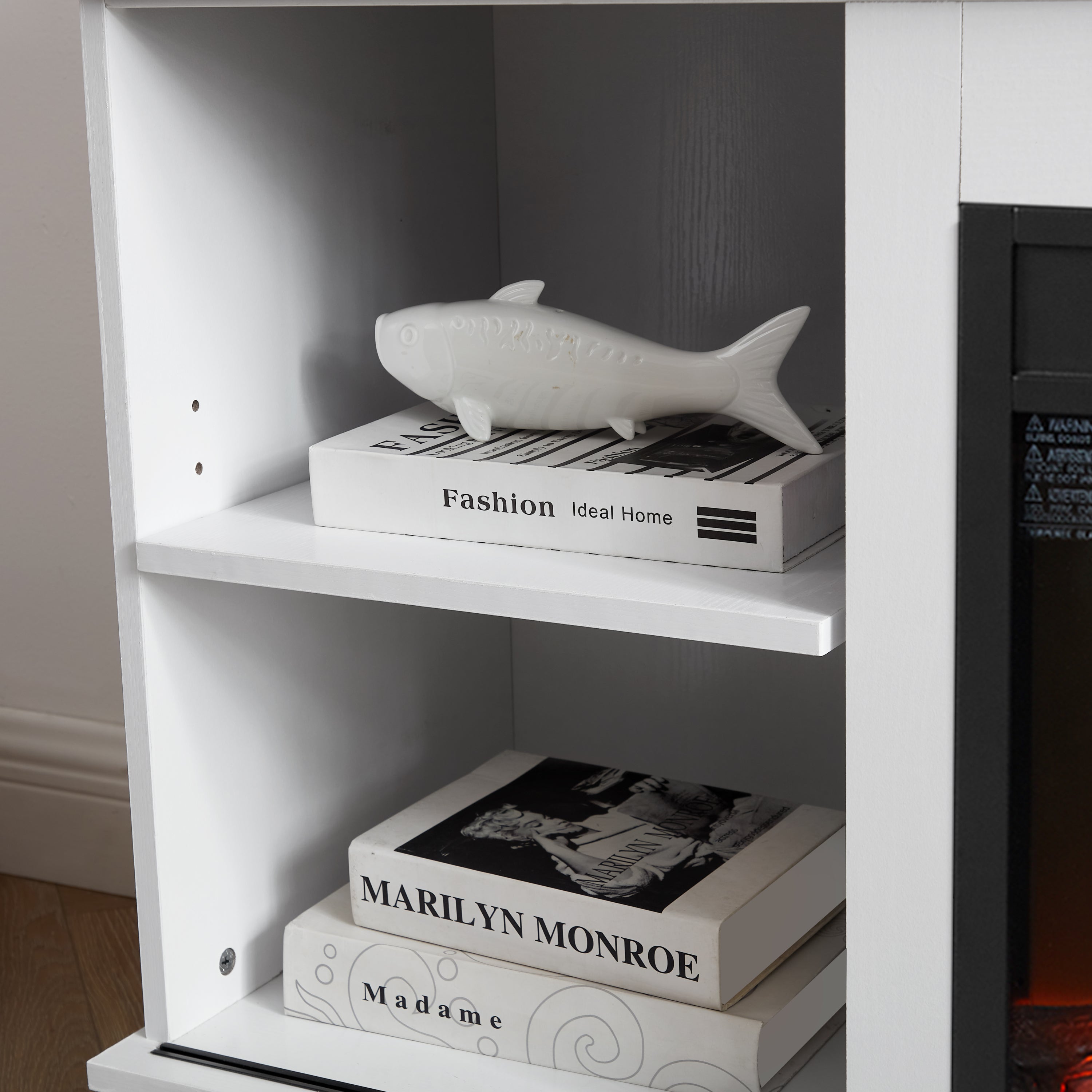 Multipurpose Sliding Door TV Cabinet Large Storage Cabinet with 2 Sliding Glass Doors, TV Storage Rack with 23' Fireplace TV Cabinet, WHITE+BROWN, 59.13'W*15.94'D*27.8'H