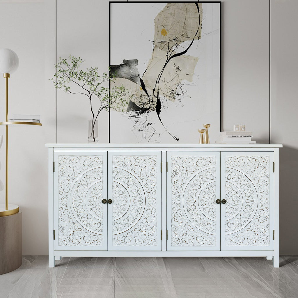 60'White Accent Cabinet with 4 Doors, Rustic Wood Sideboard Pantry Cabinet - Versatile Buffet Cabinet with Storage for Home Decor and Organization chic cabinet