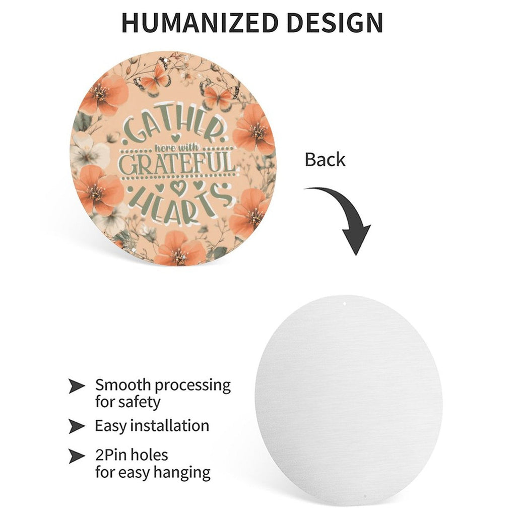 Gather Here with Grateful Hearts Orange Floral Round Aluminum Plaque (Made in USA)
