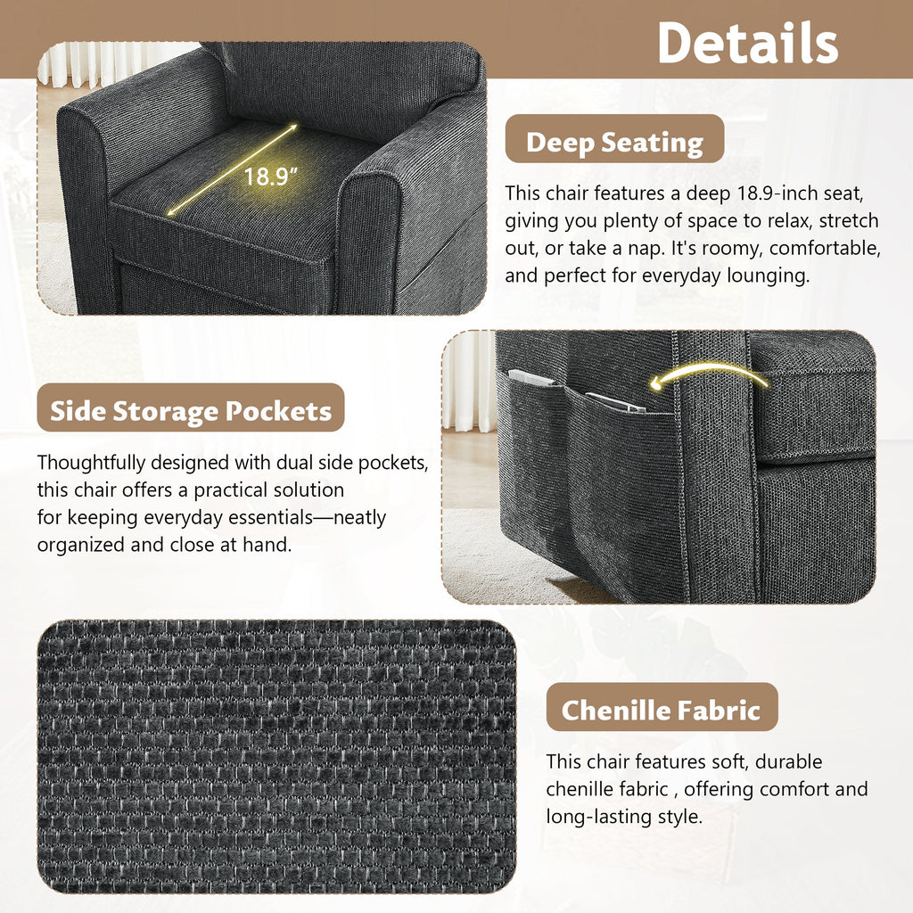 360° Swivel Chair Accent Barrel Armchair with Side Pockets, Grey Chenille, Compact Design for Living Room, Bedroom, Office