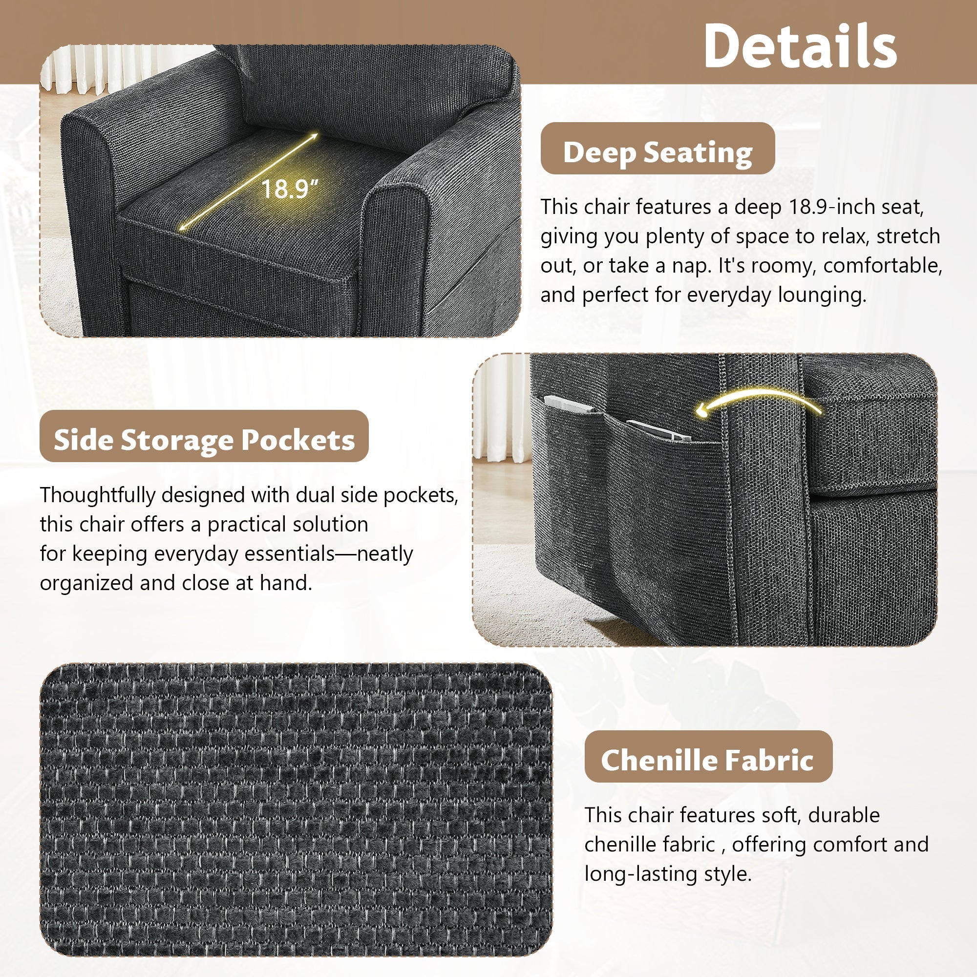 360° Swivel Chair Accent Barrel Armchair with Side Pockets, Grey Chenille, Compact Design for Living Room, Bedroom, Office