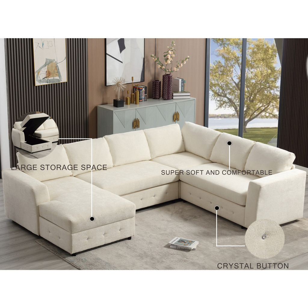 [NEW ARRIVED] [VIDEO PROVIDED]110.75' Sectional Sofa,Oversized modular sofa,Chaise Storage, Modern U Shaped  Couch , Upholstered Sofas,Chenille,Crystal button , Living Room, Apartment,  Beige