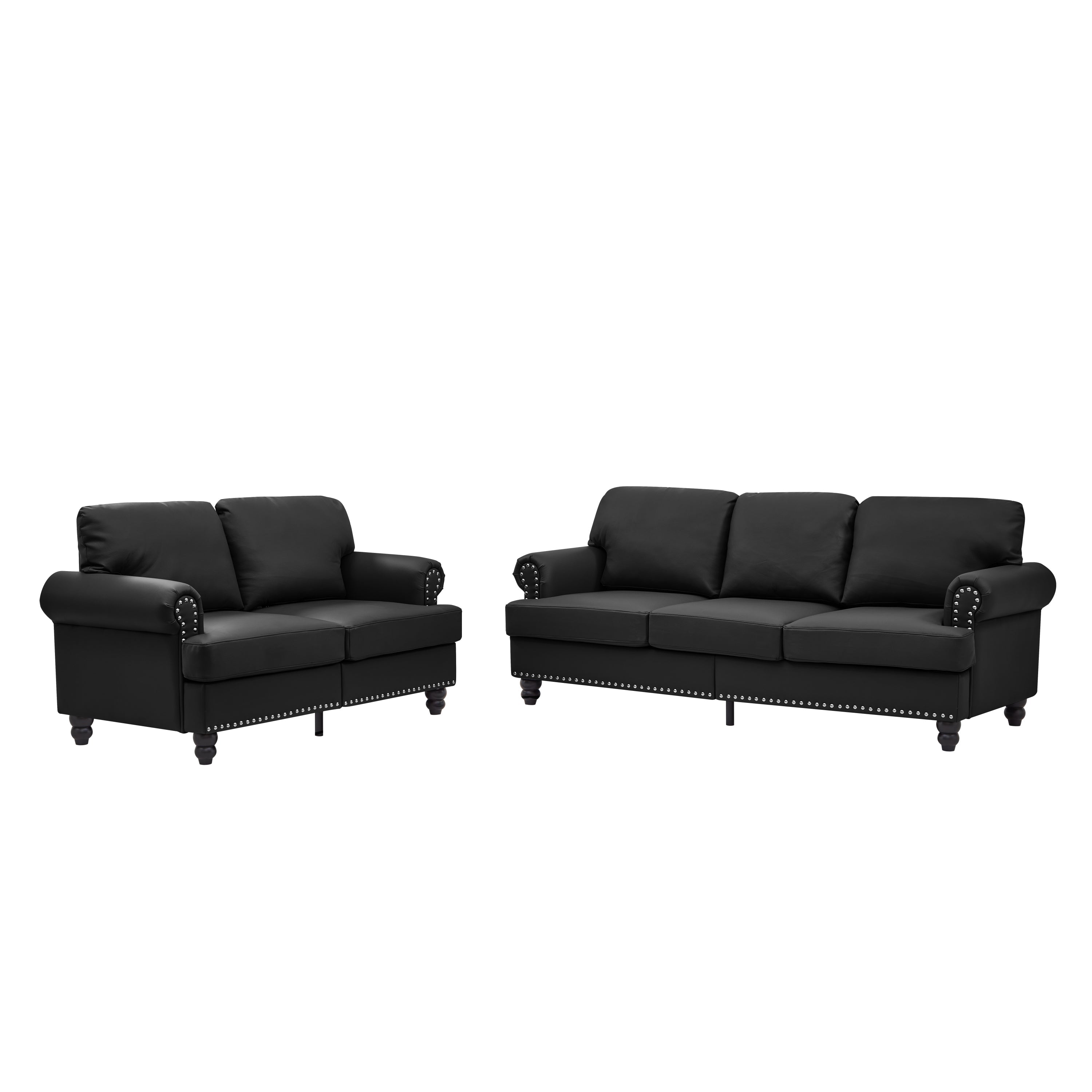 Modern Classic Design with Nails Living Room 2+3 seater Loveseat & Sofa Leather Couch,Upholstered Imitation Cowhide Leather Black