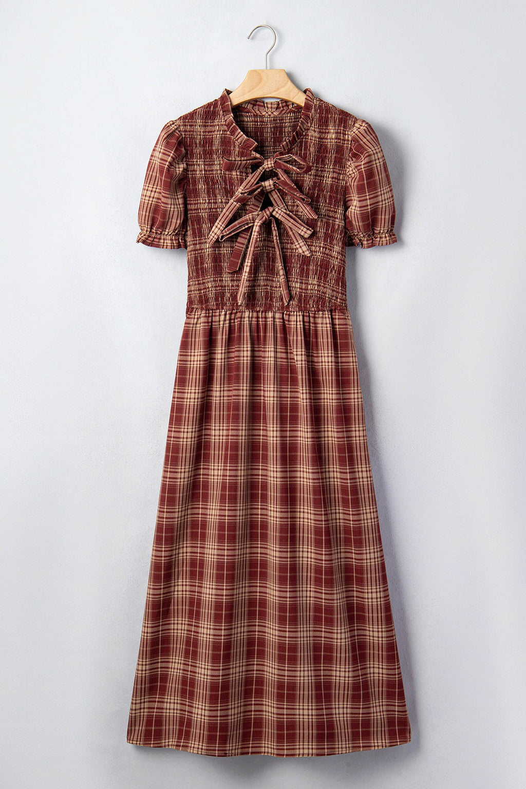 Plaid Vintage Knot Front Smocked High Waist Midi Dress