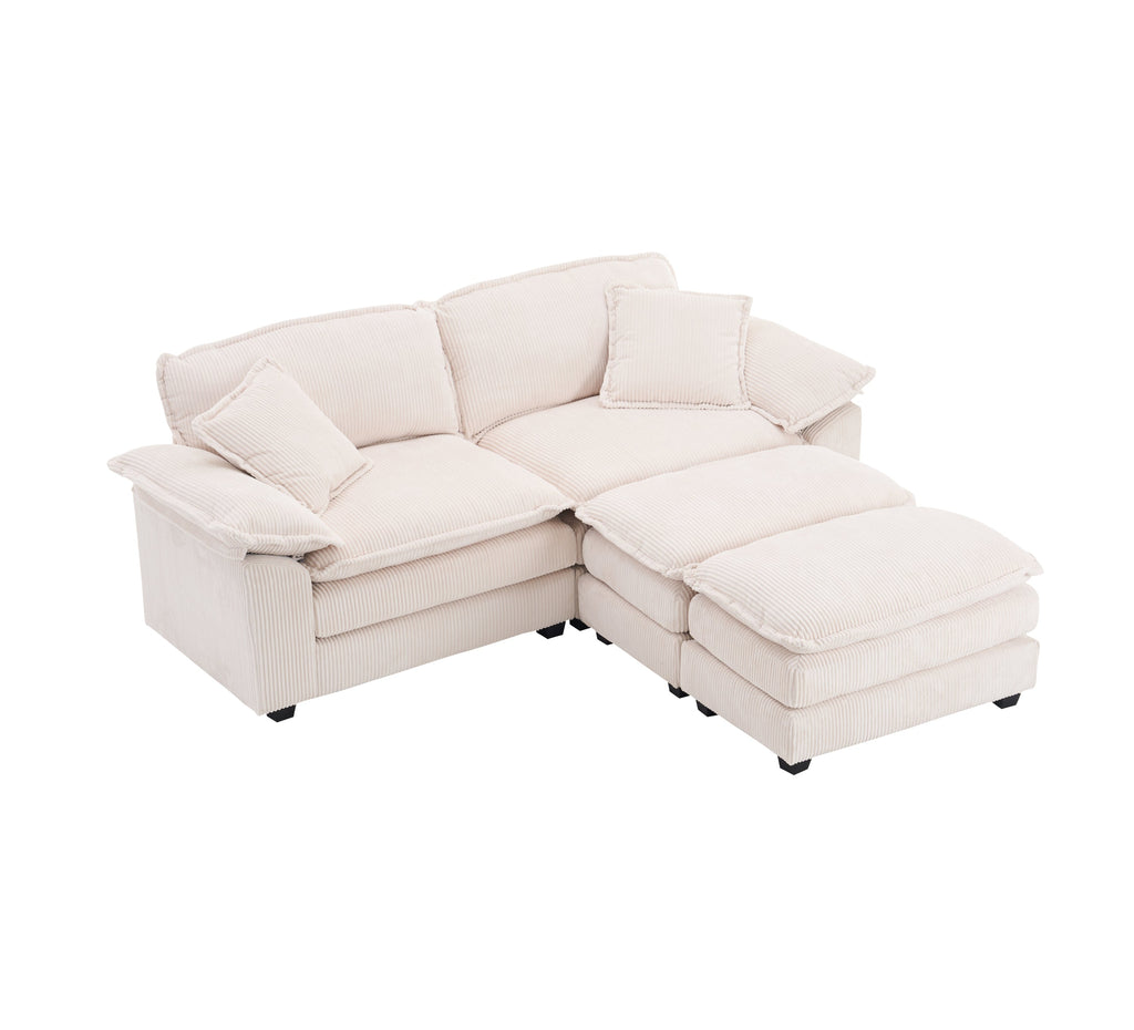 Corduroy 2-seats sofa With 2 back pillows,2 toss pillows and two ottoman,Comfy Sofa- Deep Seat Couch for Living Room,White
