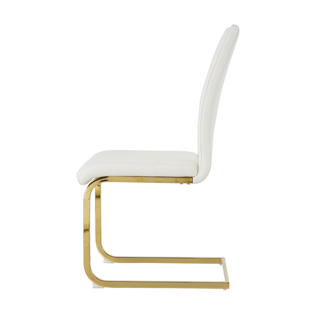 Modern style glass dining table, elegant transparent design, sturdy stainless steel base, White dining chair set, with gold-plated chair legs, suitable for dining room and kitchen (set of 7)