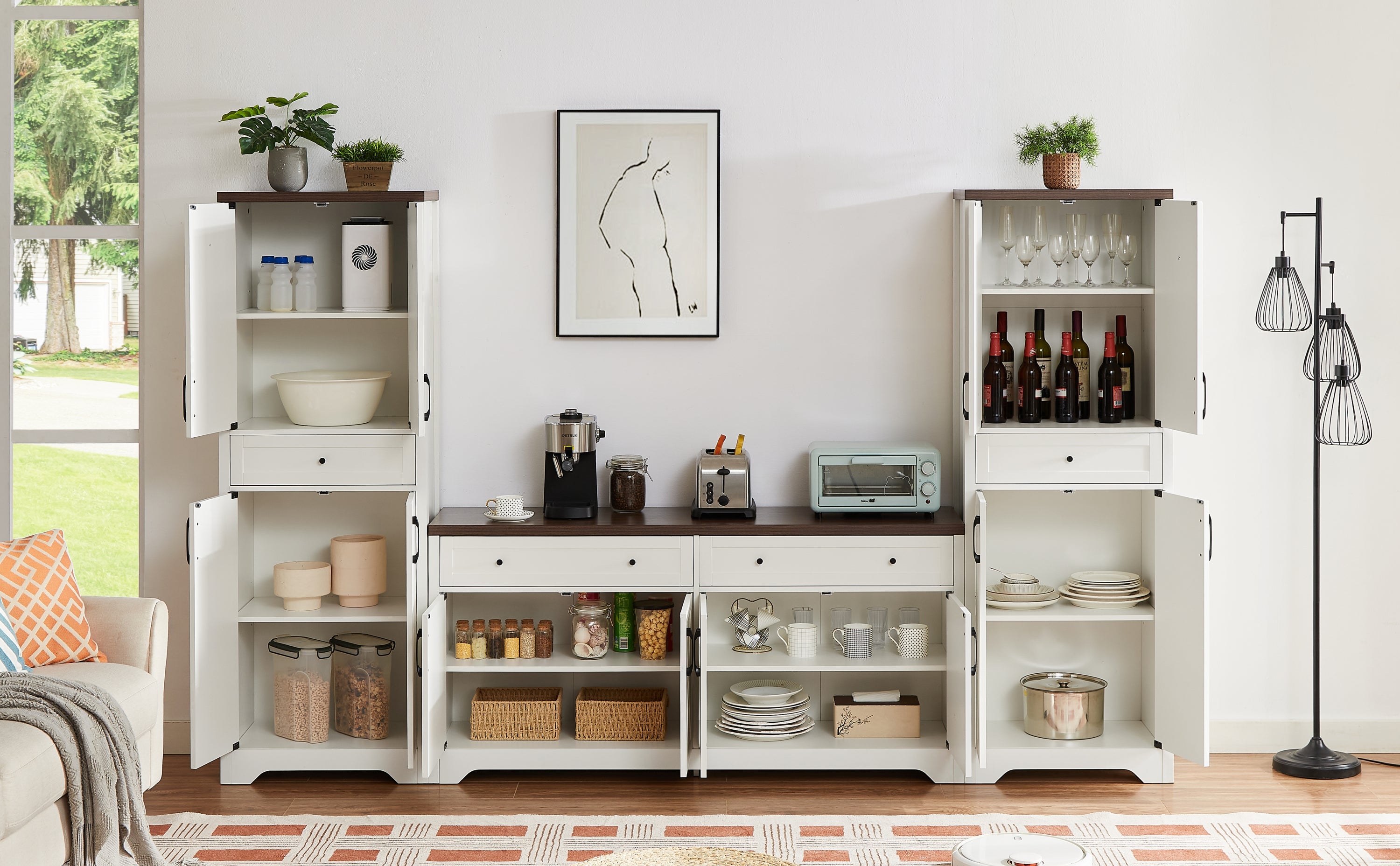 TV Cabinet Set Multifunctional TV Wall, One TV Cabinet and Two Sideboards for Living Room, 108.7''L x 15''W x 68''H.