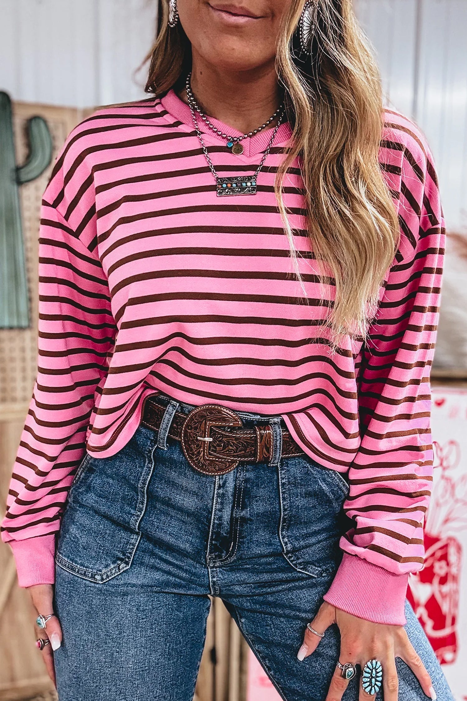 Stripe V-Neck Drop Shoulder Long Sleeve Top