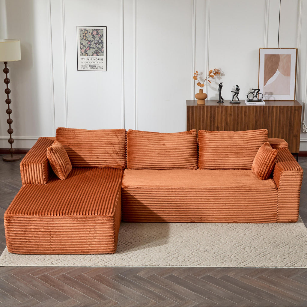 Compression Sectional Couch with Comfy Chaise, Boneless L Shape Sofa with Deep Seat, Minimalist Modular Couches Sleeper for Living Room Bedroom Apartment Lounge,corduroy,Brown