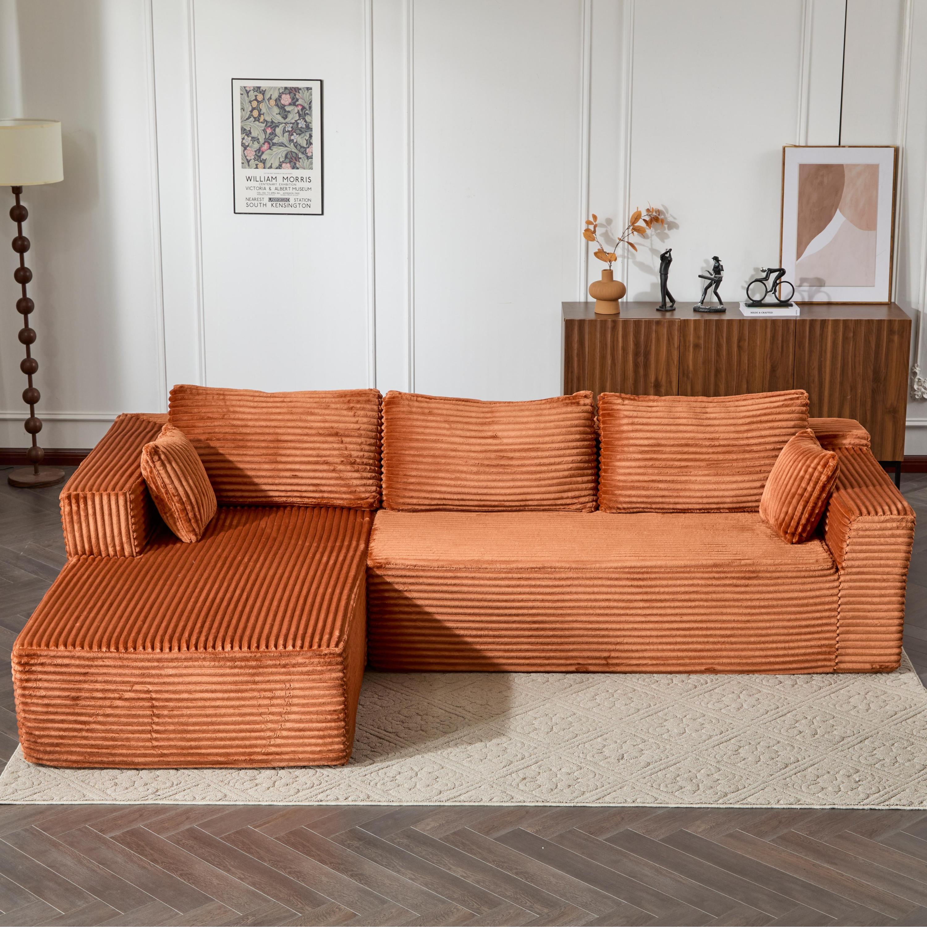 Compression Sectional Couch with Comfy Chaise, Boneless L Shape Sofa with Deep Seat, Minimalist Modular Couches Sleeper for Living Room Bedroom Apartment Lounge,corduroy,Brown